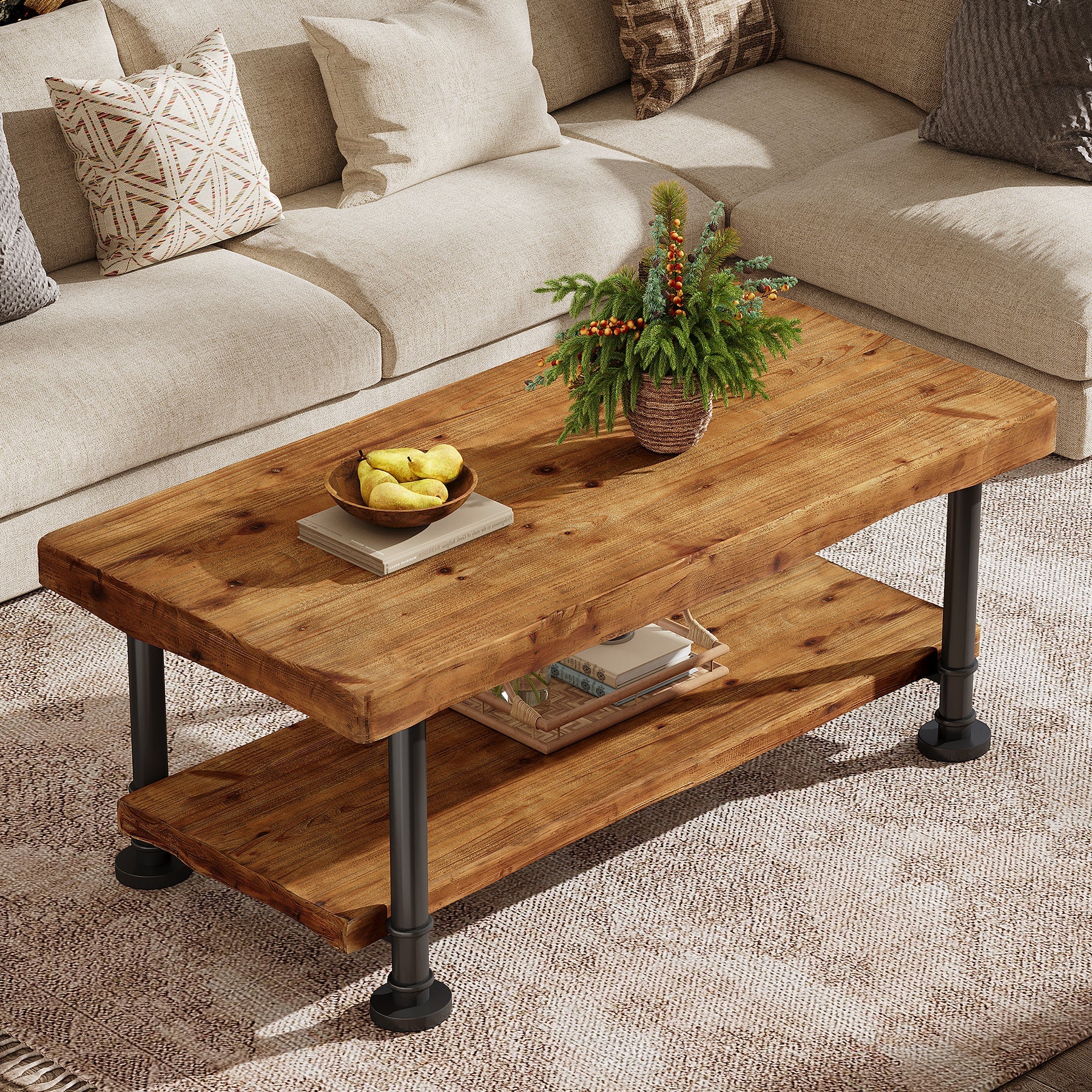Tribesigns Table basse rectangulaire 120 cm 2 niveaux en bois massif avec bords naturels et pieds en métal