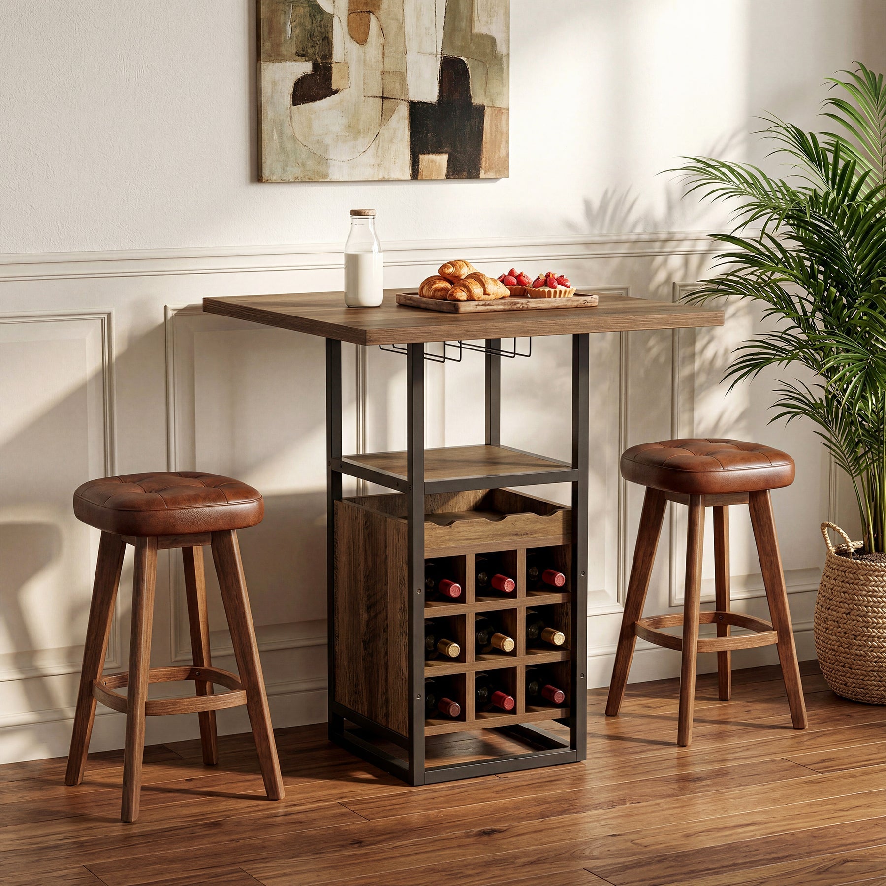 Tribesigns Table de bar 95 cm avec rangement, Table bistro étroite avec étagères, casier à vin et porte-verres