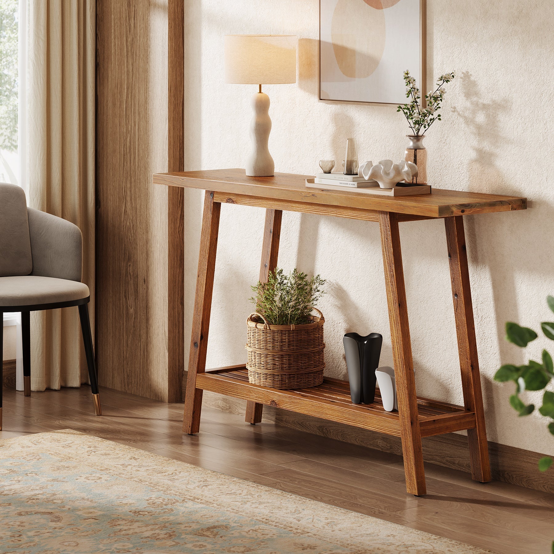 Tribesigns Console en bois massif 105 cm de large avec étagère, Table basse avec rangement style champêtre