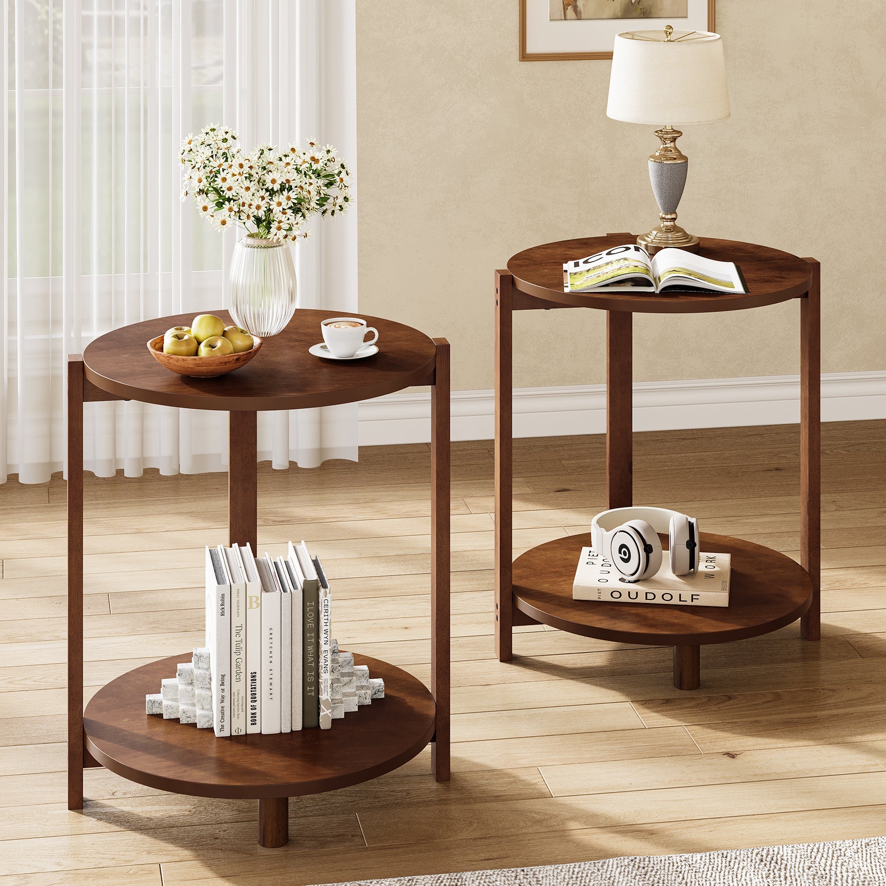 Tribesigns Table d'appoint ronde en bois massif 48 cm, Petite table de chevet à 2 niveaux avec étagère