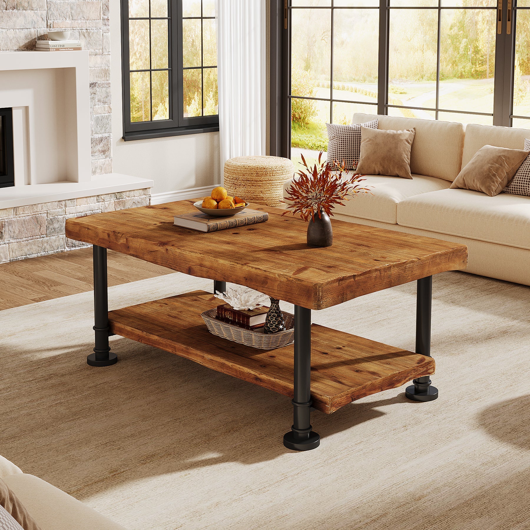 Tribesigns Table basse rectangulaire 120 cm 2 niveaux en bois massif avec bords naturels et pieds en métal