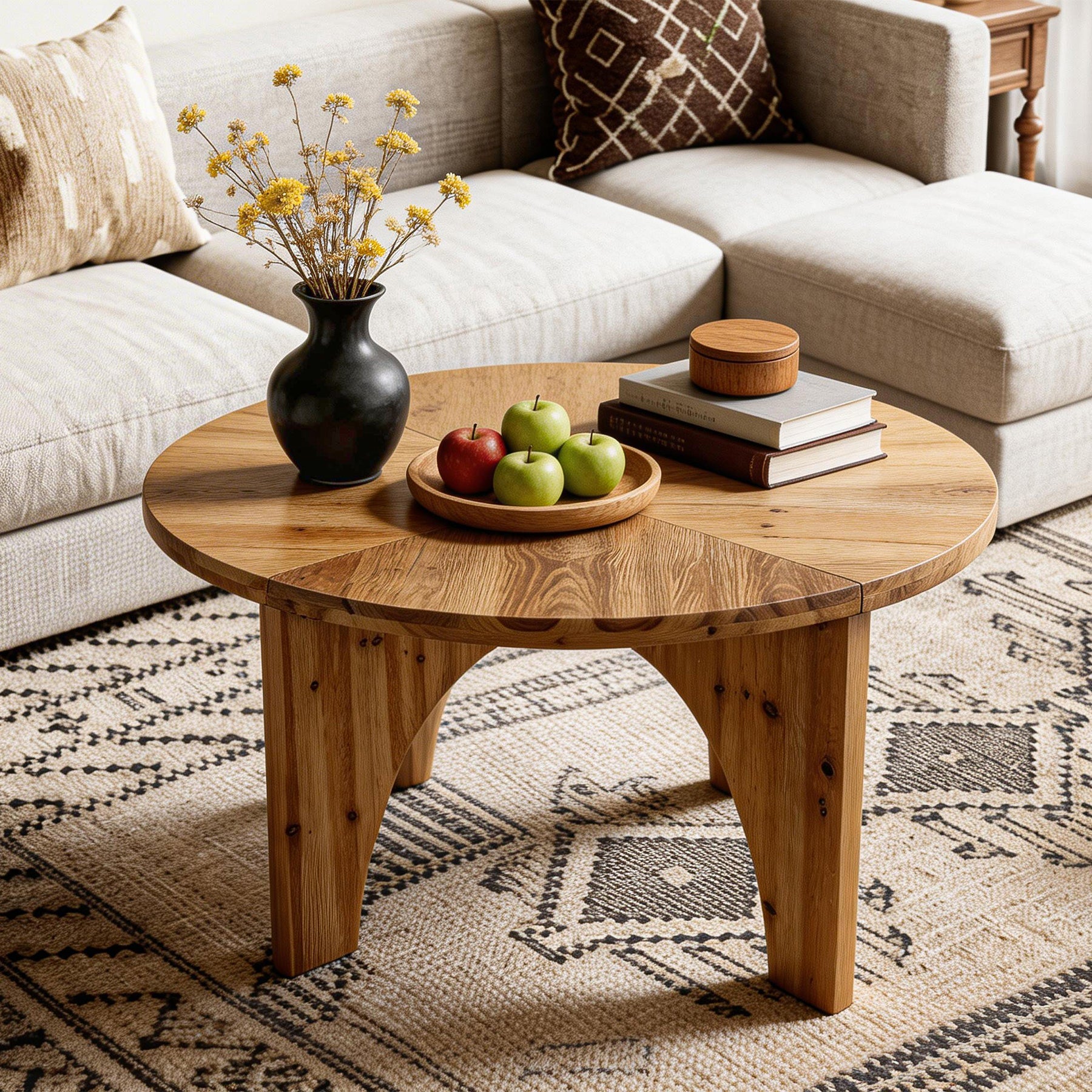 Tribesigns Table basse ronde en bois massif 80 cm, Style campagnard avec pieds incurvés