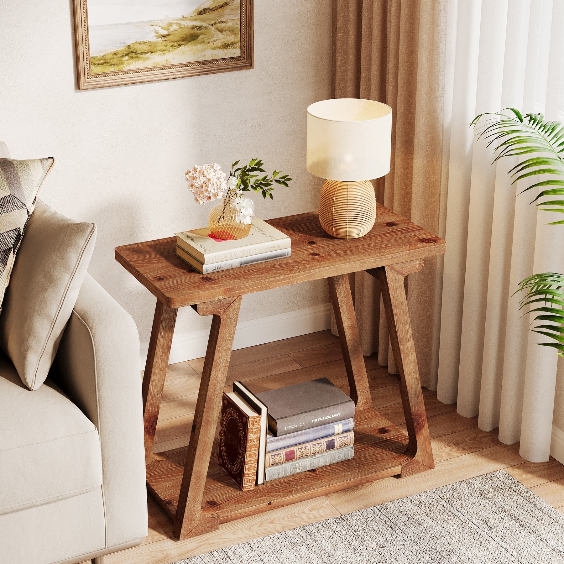 Tribesigns Table d'appoint en bois massif 2 niveaux, Table de chevet étroite de style champêtre