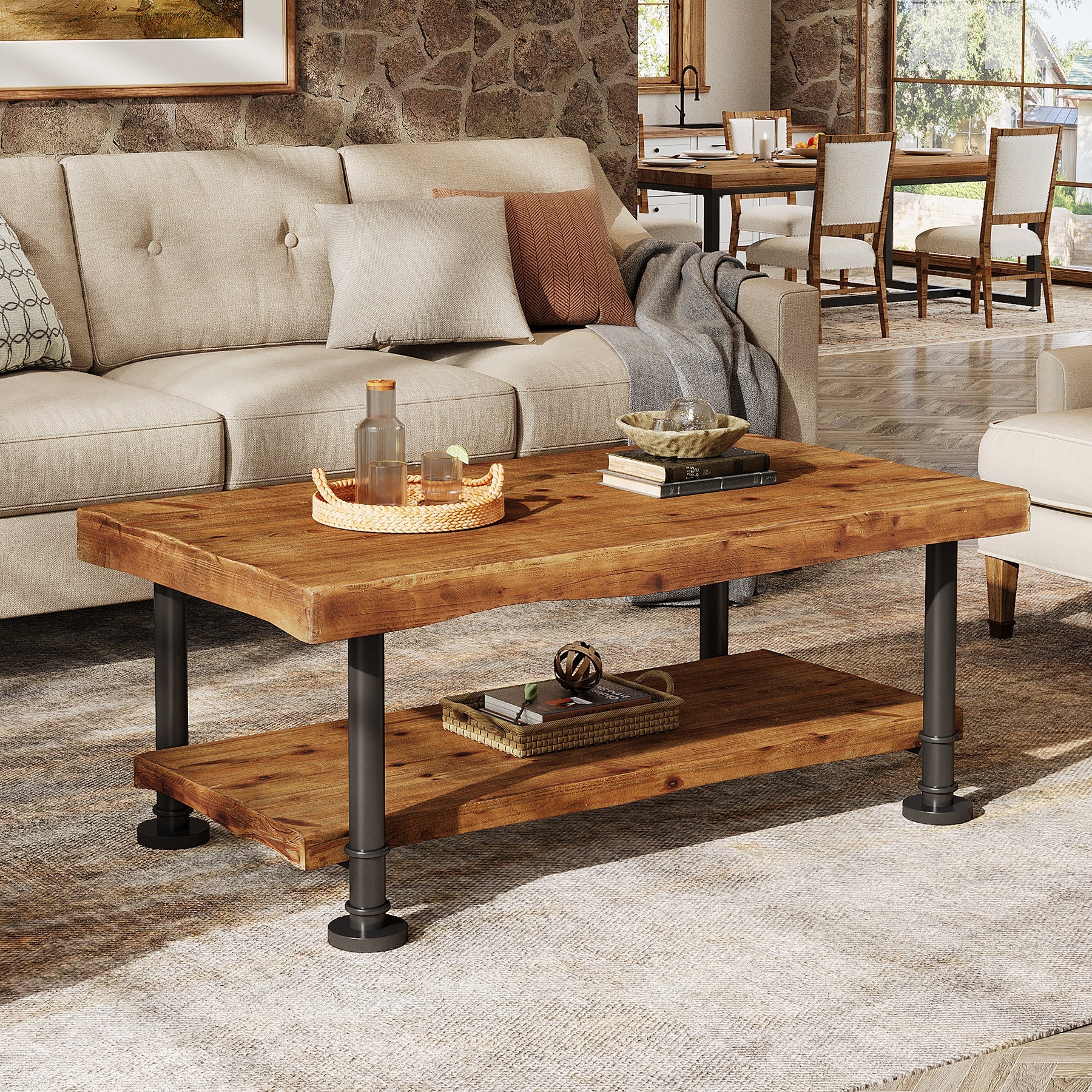 Tribesigns Table basse rectangulaire 120 cm 2 niveaux en bois massif avec bords naturels et pieds en métal