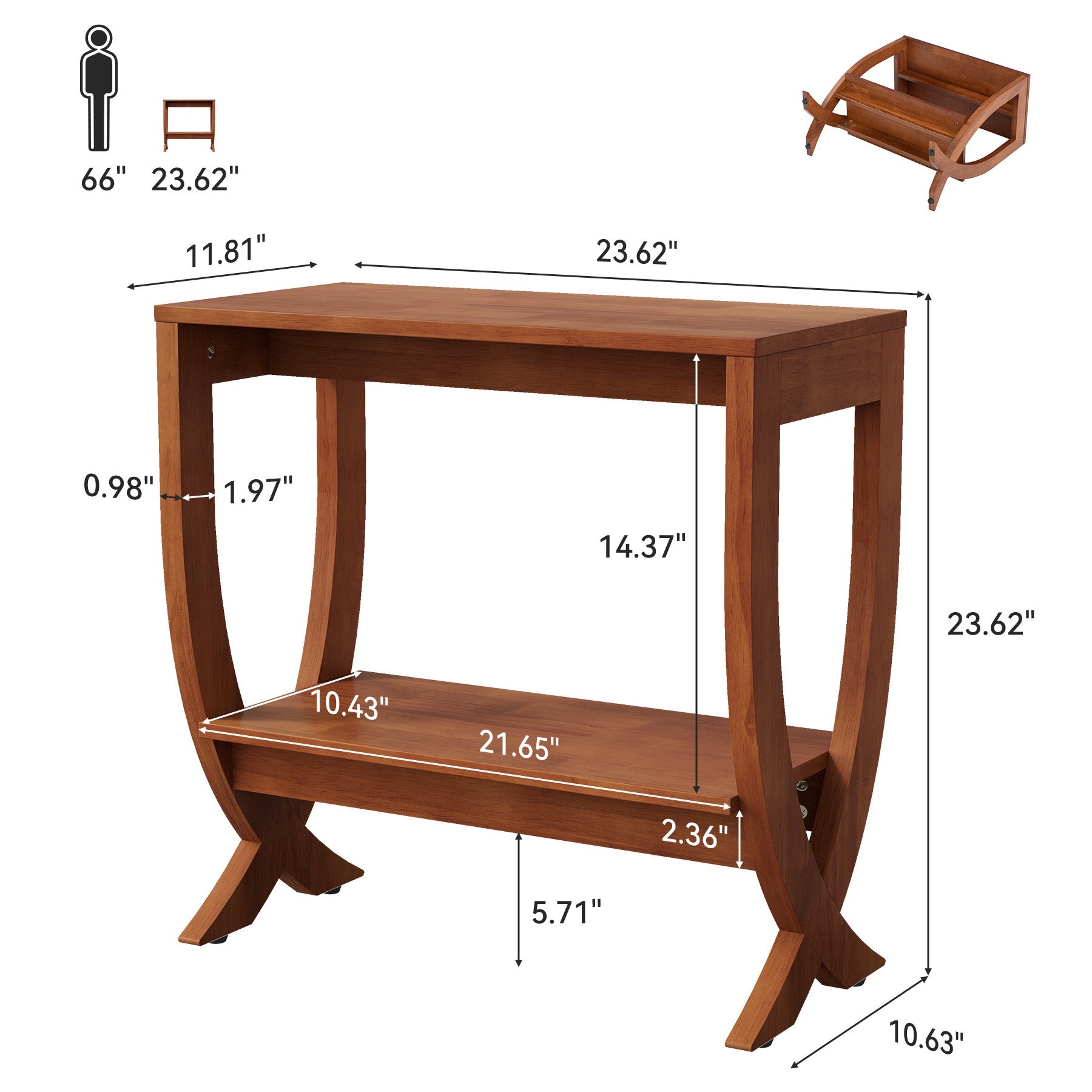 Table d'appoint en bois massif avec étagère, Table de chevet étroite à cadre arqué