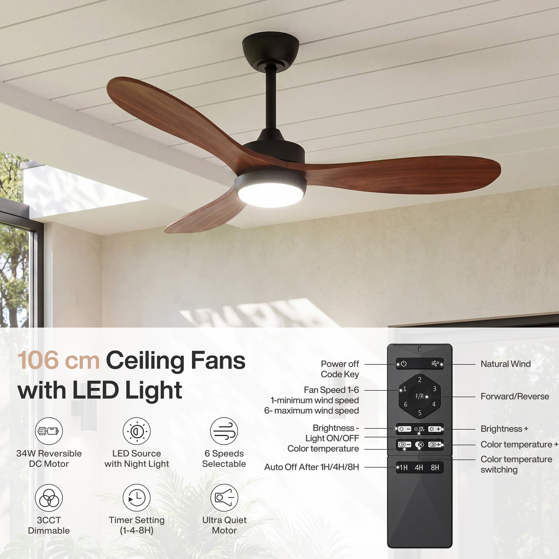 Tribesigns Ventilateur de plafond de 106 cm avec éclairage, Ventilateur de plafond LED avec télécommande moteur CC réversible 6 vitesses