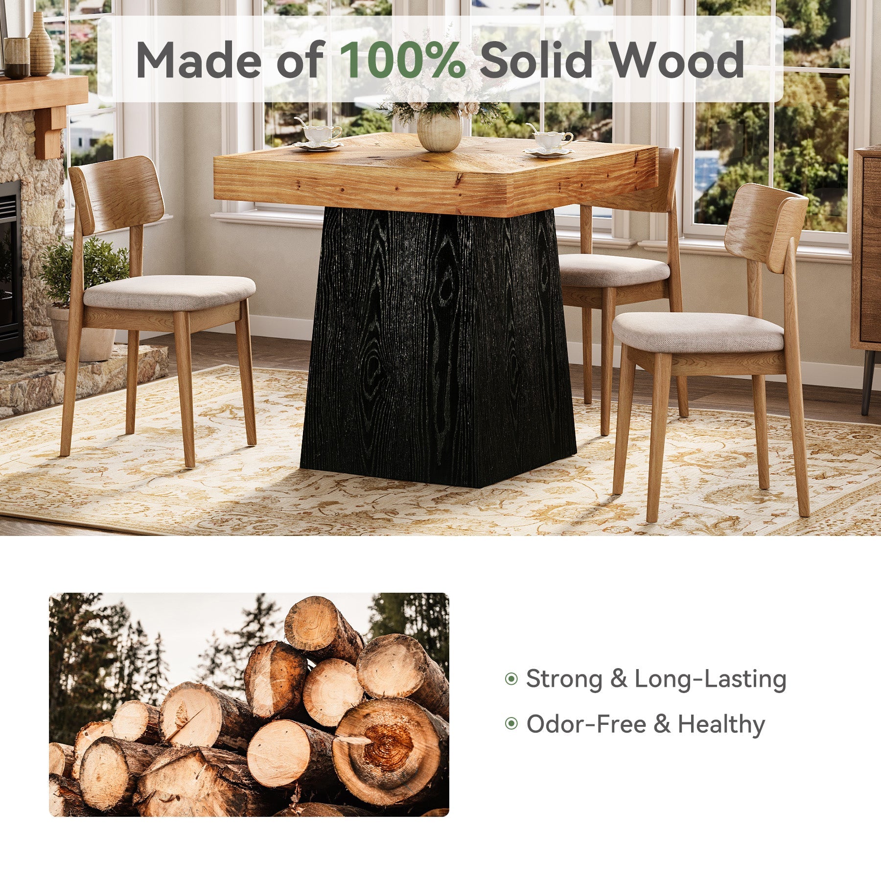 Tribesigns Table à manger carrée en bois massif, 80 cm pour 2 à 4 personnes, Table de cuisine de style champêtre avec pied central robuste