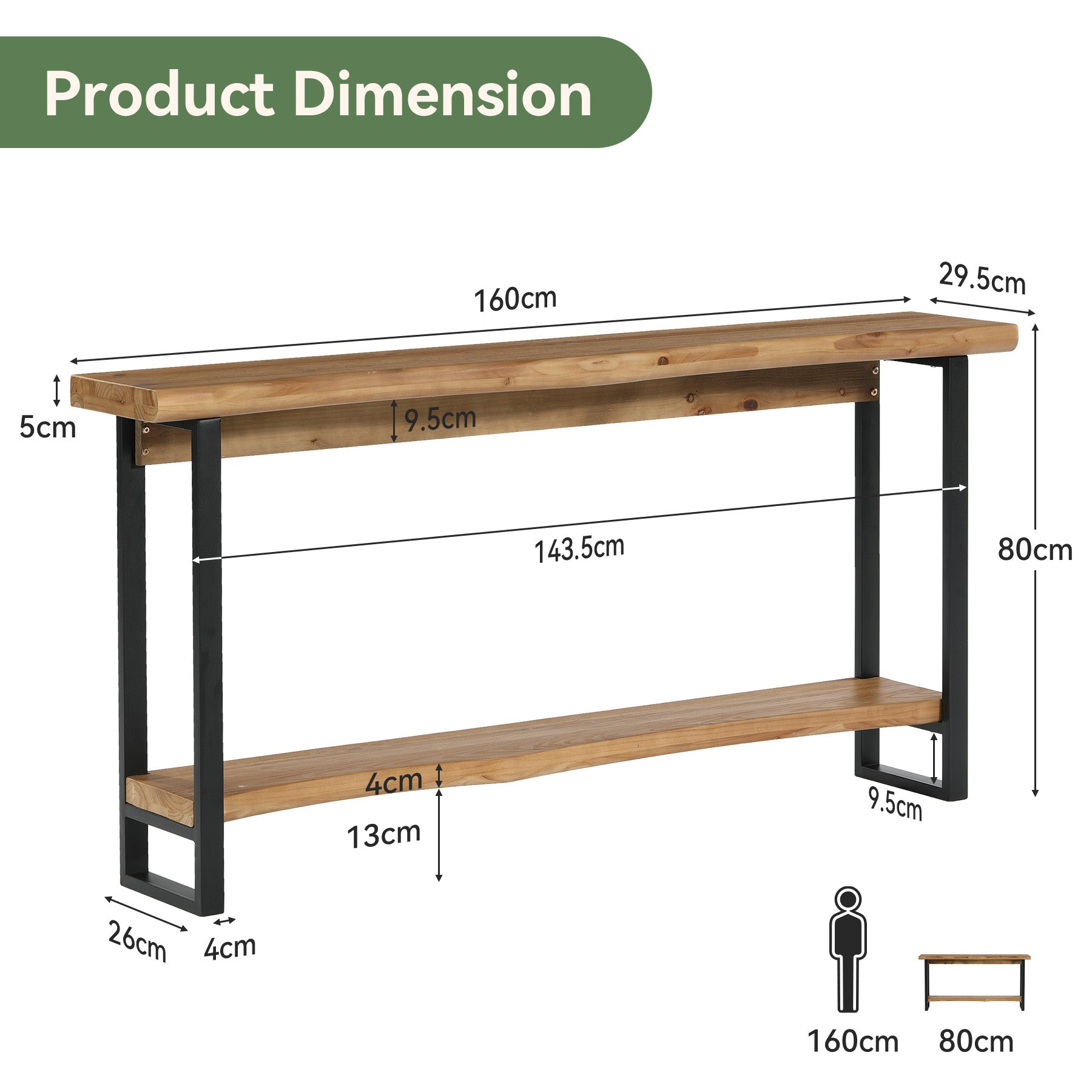 Tribesigns Console en bois massif de 160 cm avec bord naturel, Table basse à deux niveaux