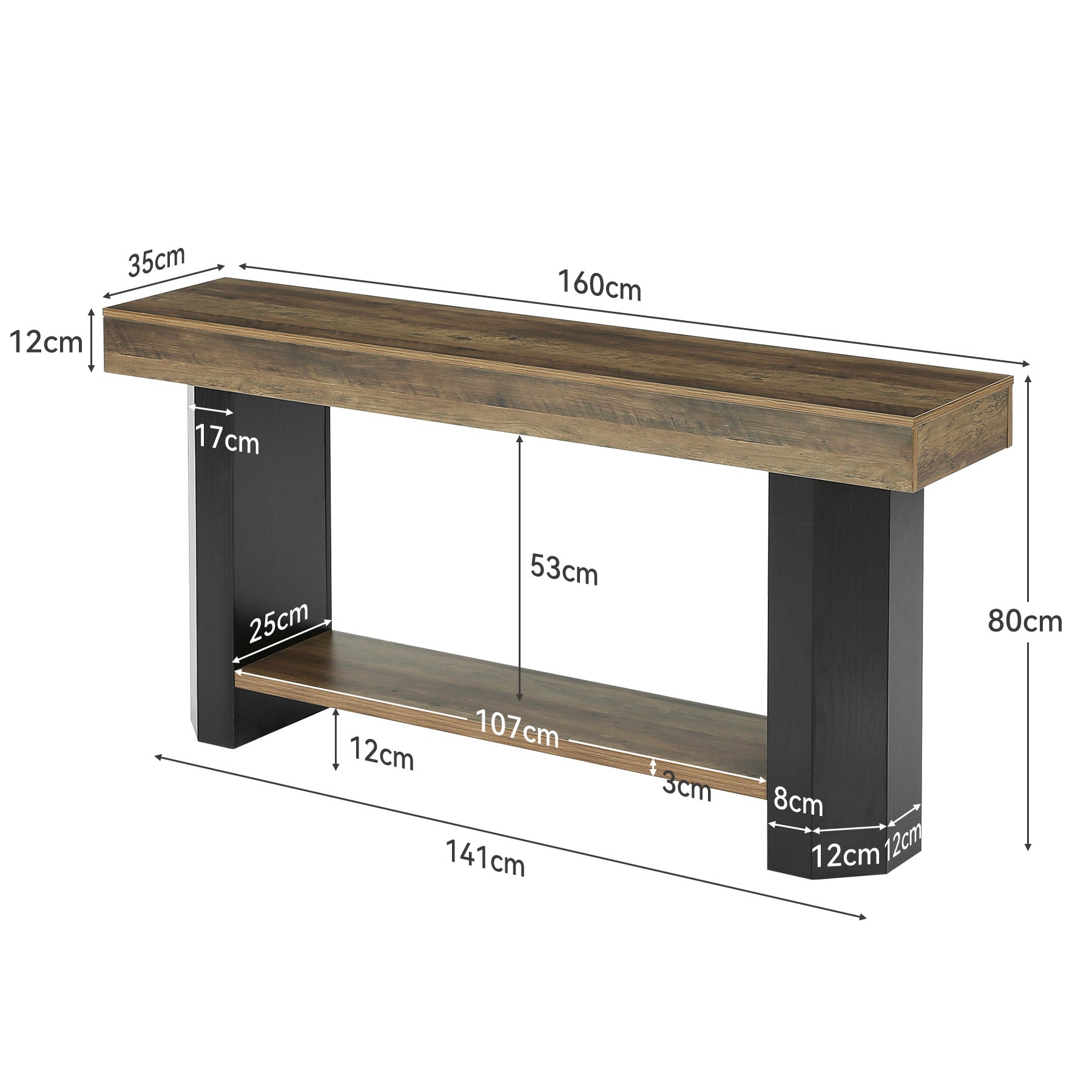 Console de 160 cm avec 2 étagères, Table d'entrée étroite de style industriel