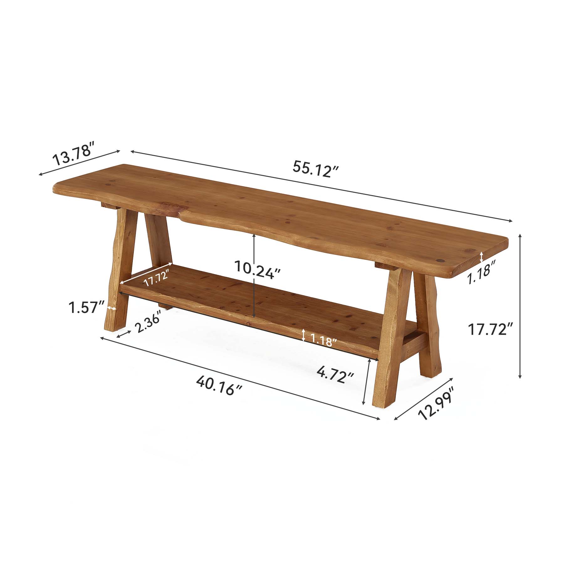 Tribesigns Banc en bois massif de 140 cm, Banc d'entrée rustique avec bord naturel et 2 étagères de rangement