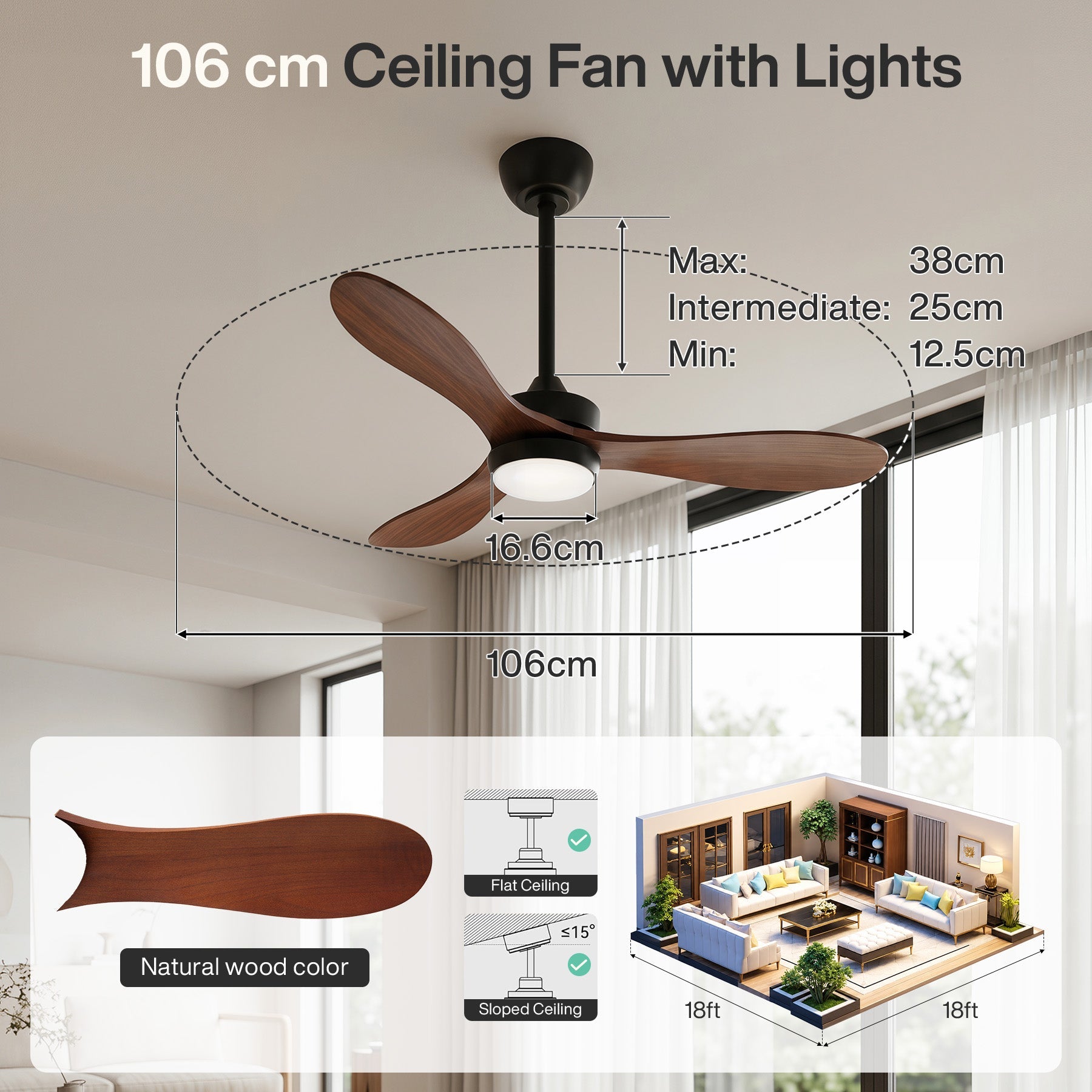 Tribesigns Ventilateur de plafond de 106 cm avec éclairage, Ventilateur de plafond LED avec télécommande moteur CC réversible 6 vitesses
