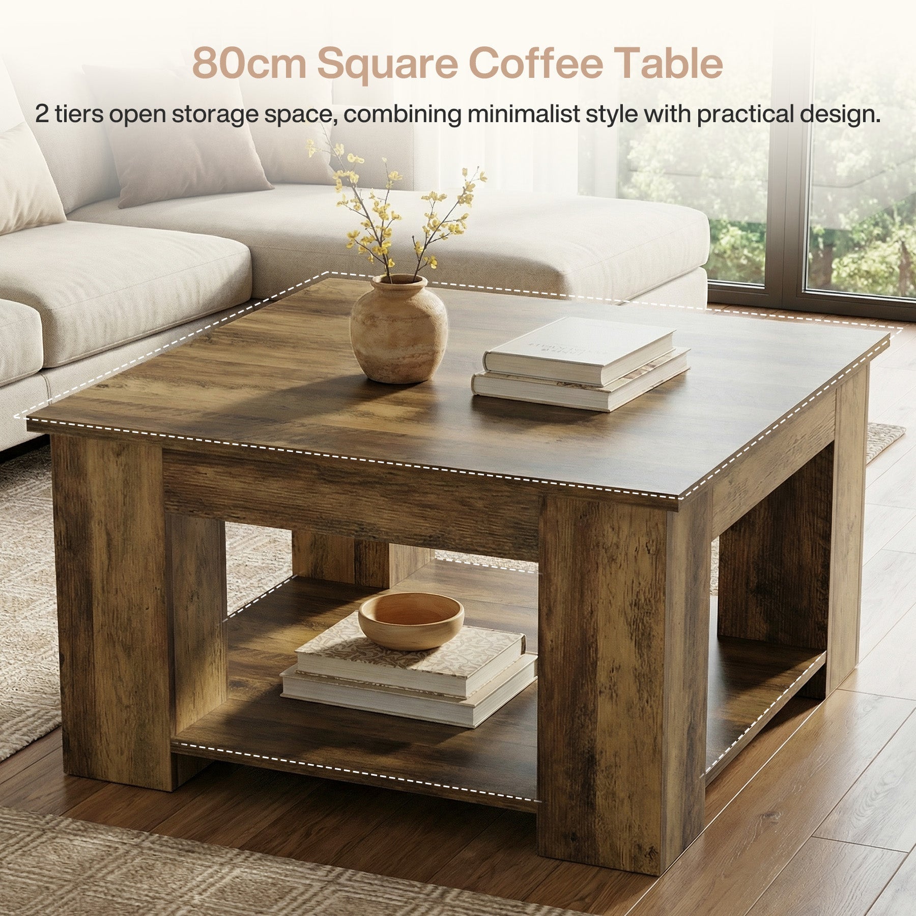 Tribesigns Table basse carrée de 80 cm, Table de salon à 2 niveaux avec rangement