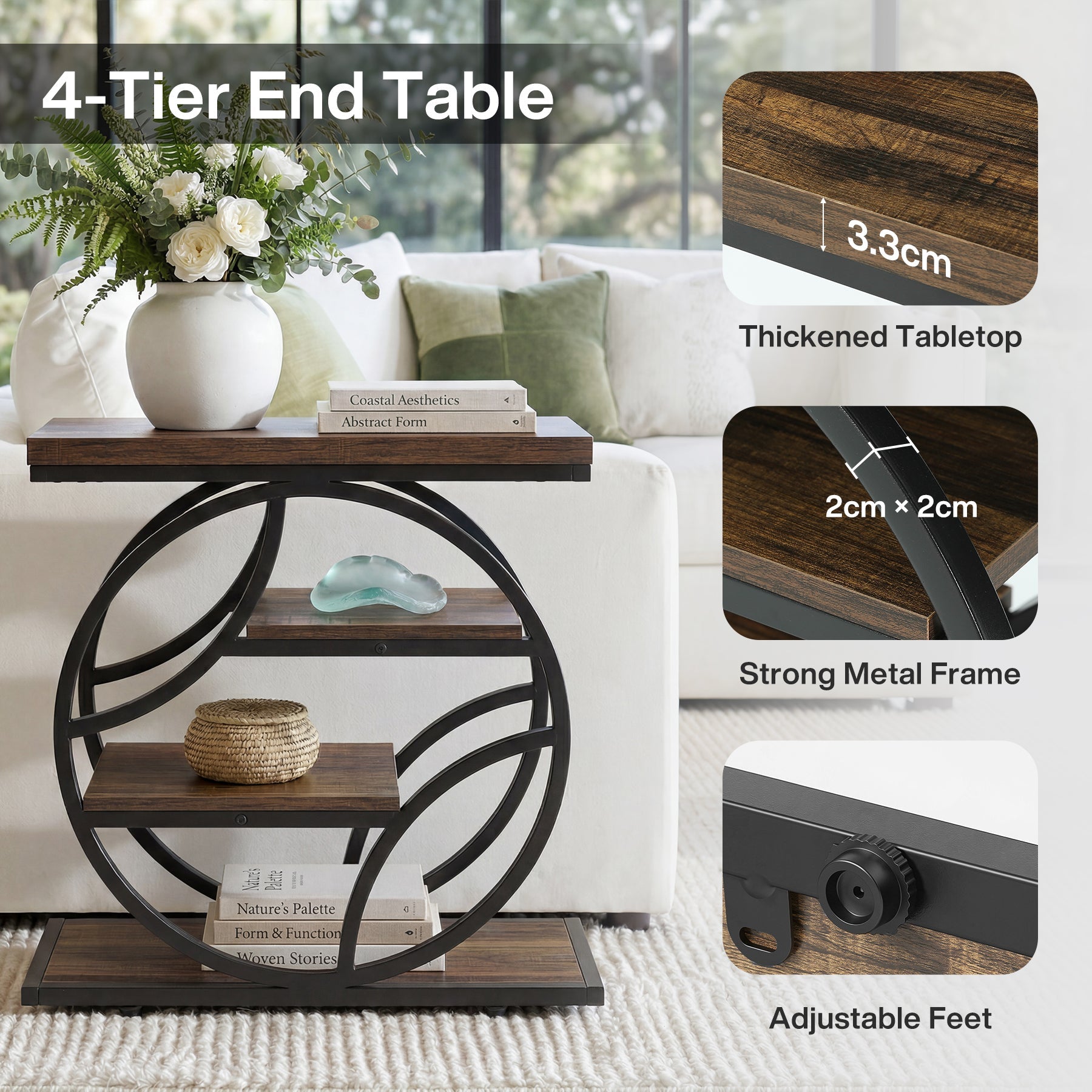 Tribesigns Table d'appoint à 4 niveaux, Table de canapé étroite avec structure métallique et étagères Table de chevet style industriel