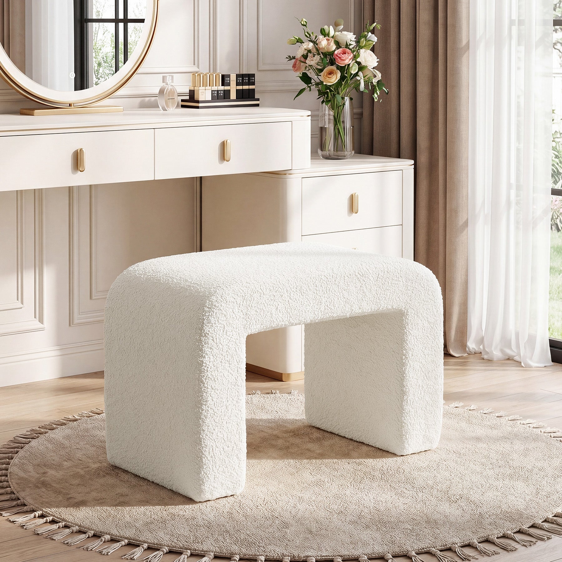 Tabouret rembourré en sherpa, Tabouret de coiffeuse moderne avec revêtement en peluche