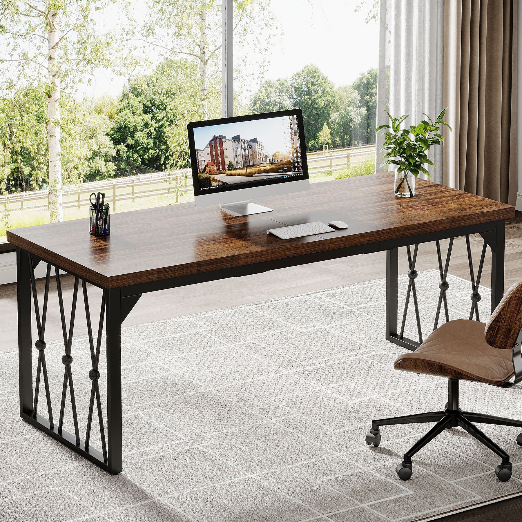 Tribesigsn Bureau de direction 200 cm, Grand bureau d'ordinateur Bureau pour deux personnes