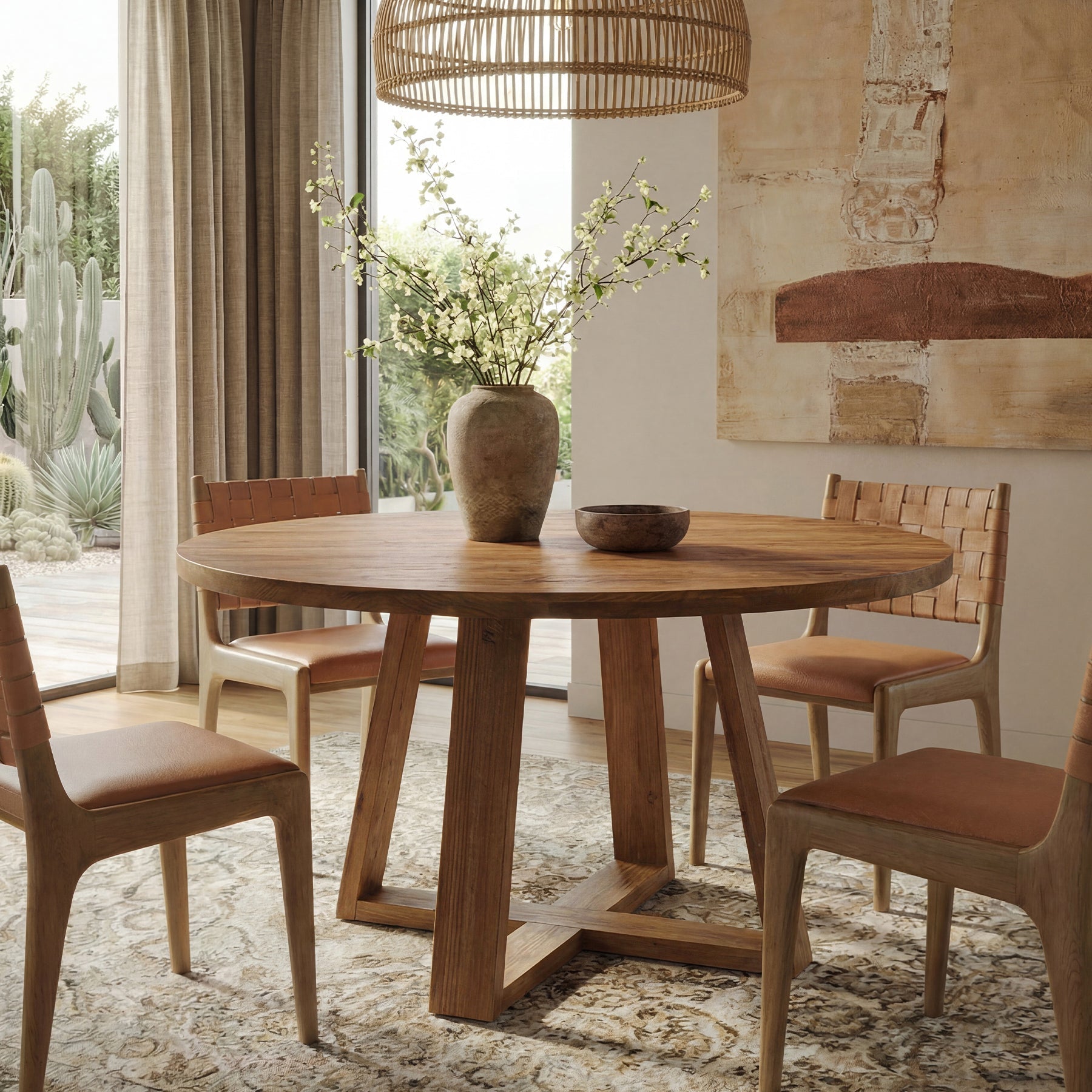 Tribesigns Table de salle à manger ronde de 120 cm, Table de cuisine rustique en bois massif avec piètement à tréteaux pour 4 personnes