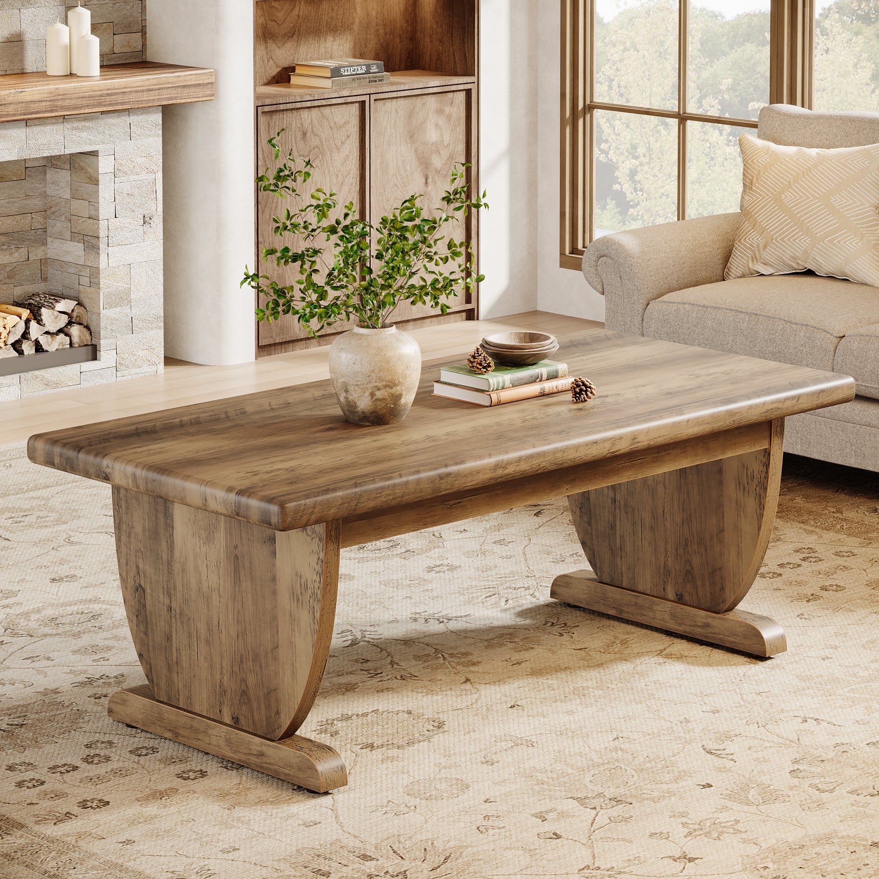 Tribesigns Table basse rectangulaire de 120 cm, Grande table en bois de style campagnard avec pied central robuste