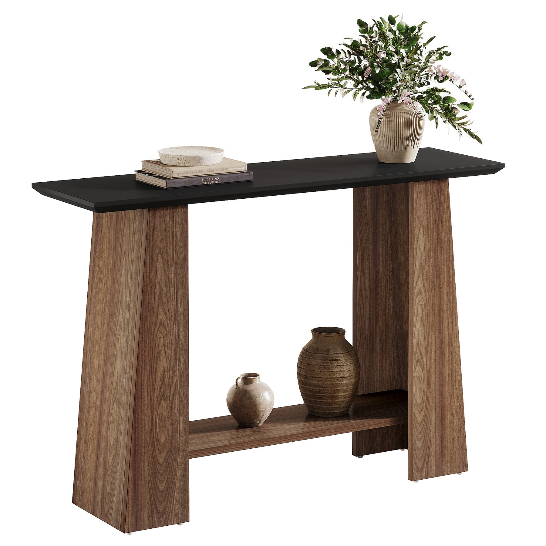 Tribesigns Console de 120 cm, Table d'entrée moderne à 2 niveaux du milieu du siècle en noir et noyer