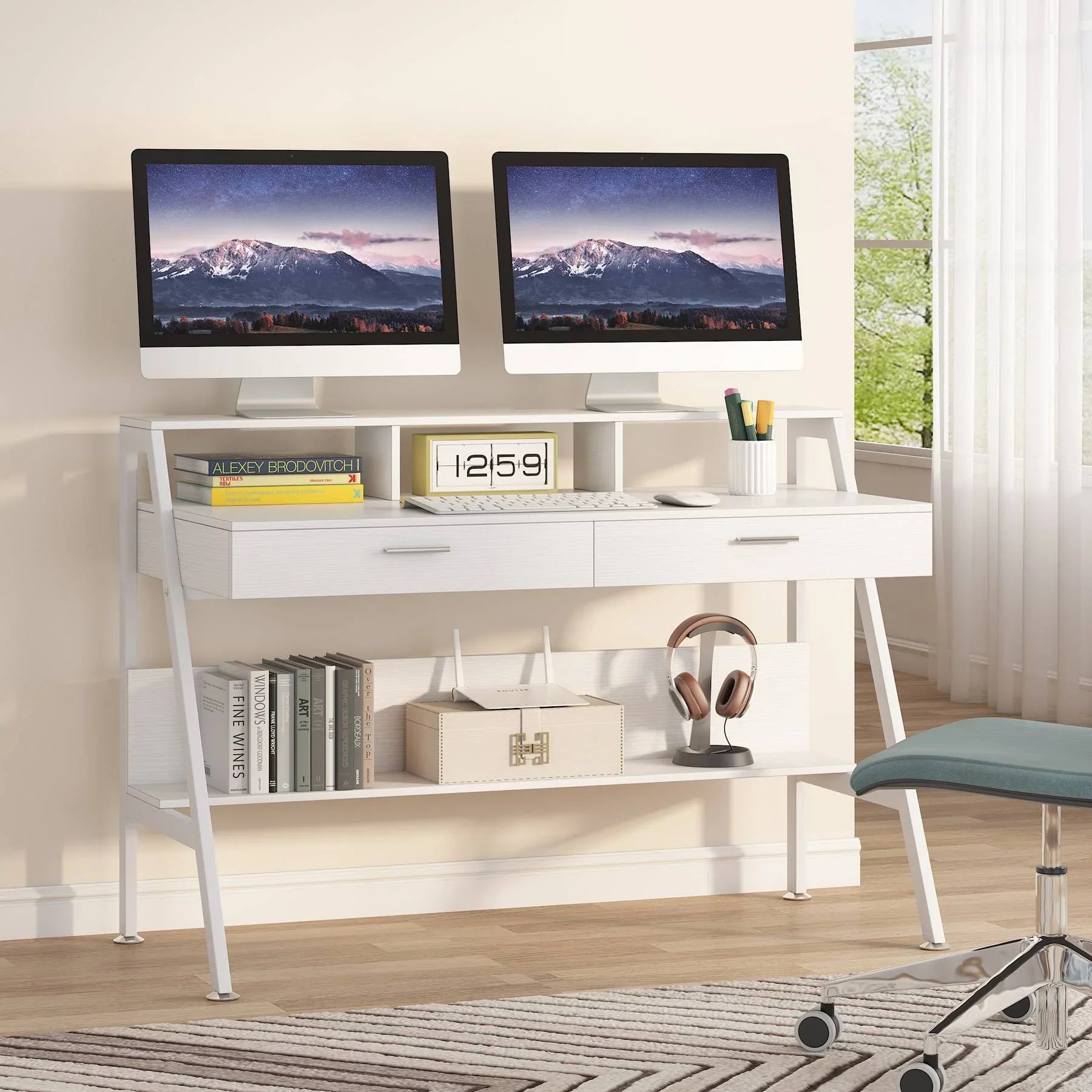 Tribesigns Bureau d'ordinateur blanc, bureau de 120 cm avec rangement et tiroirs