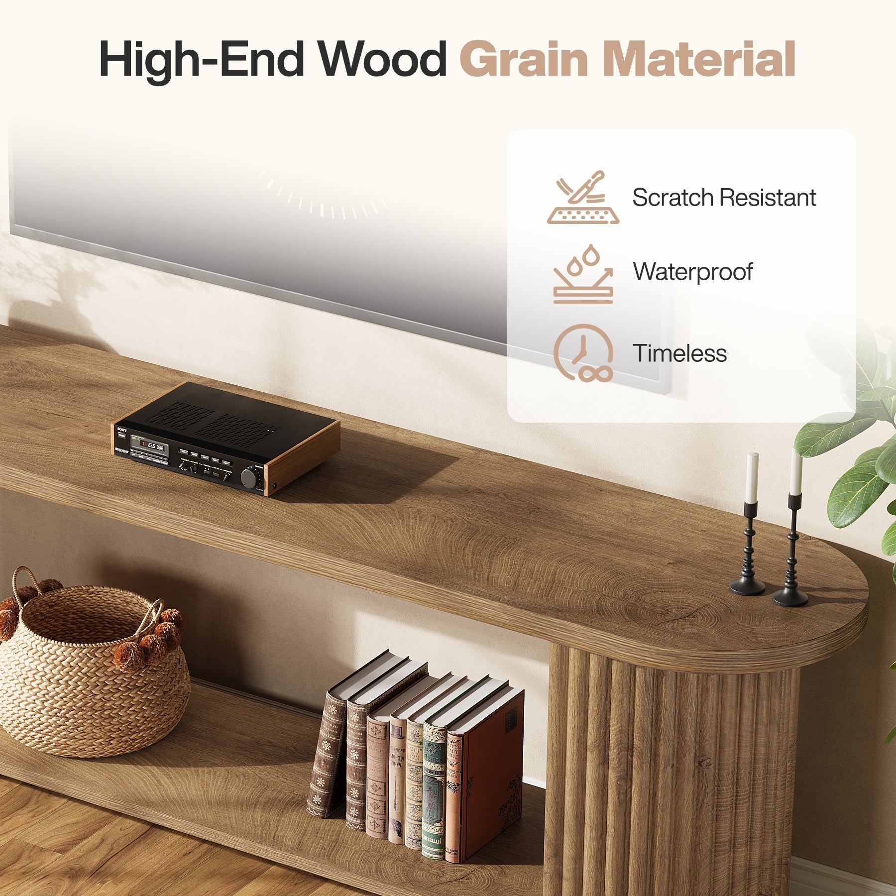 Tribesigns Meuble TV de 160 cm avec design côtelé et étagère de rangement, Meuble multimédia rustique pour salon et chambre