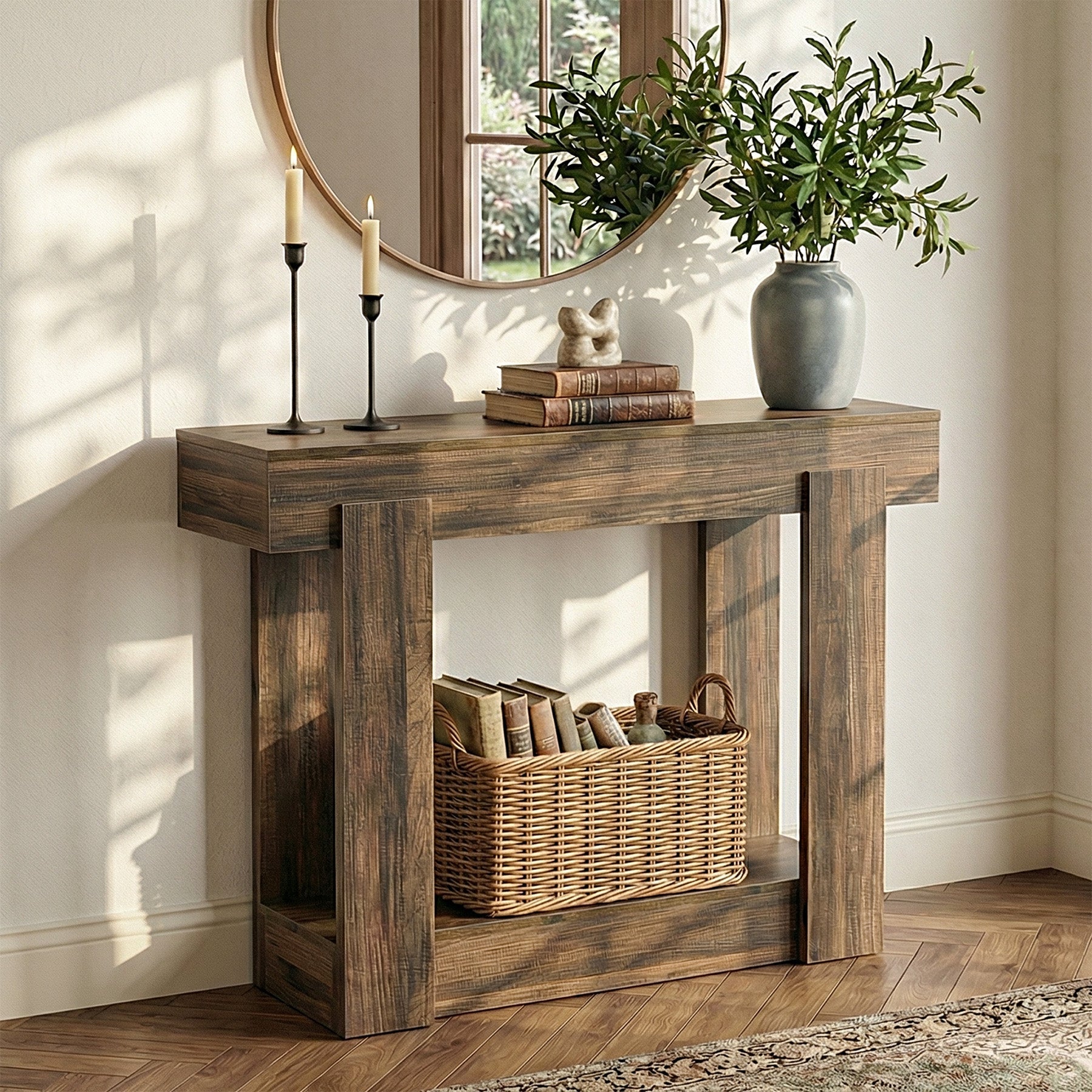 Console de 105 cm avec étagère, Table d'entrée étroite style campagne pour l'entrée et le salon