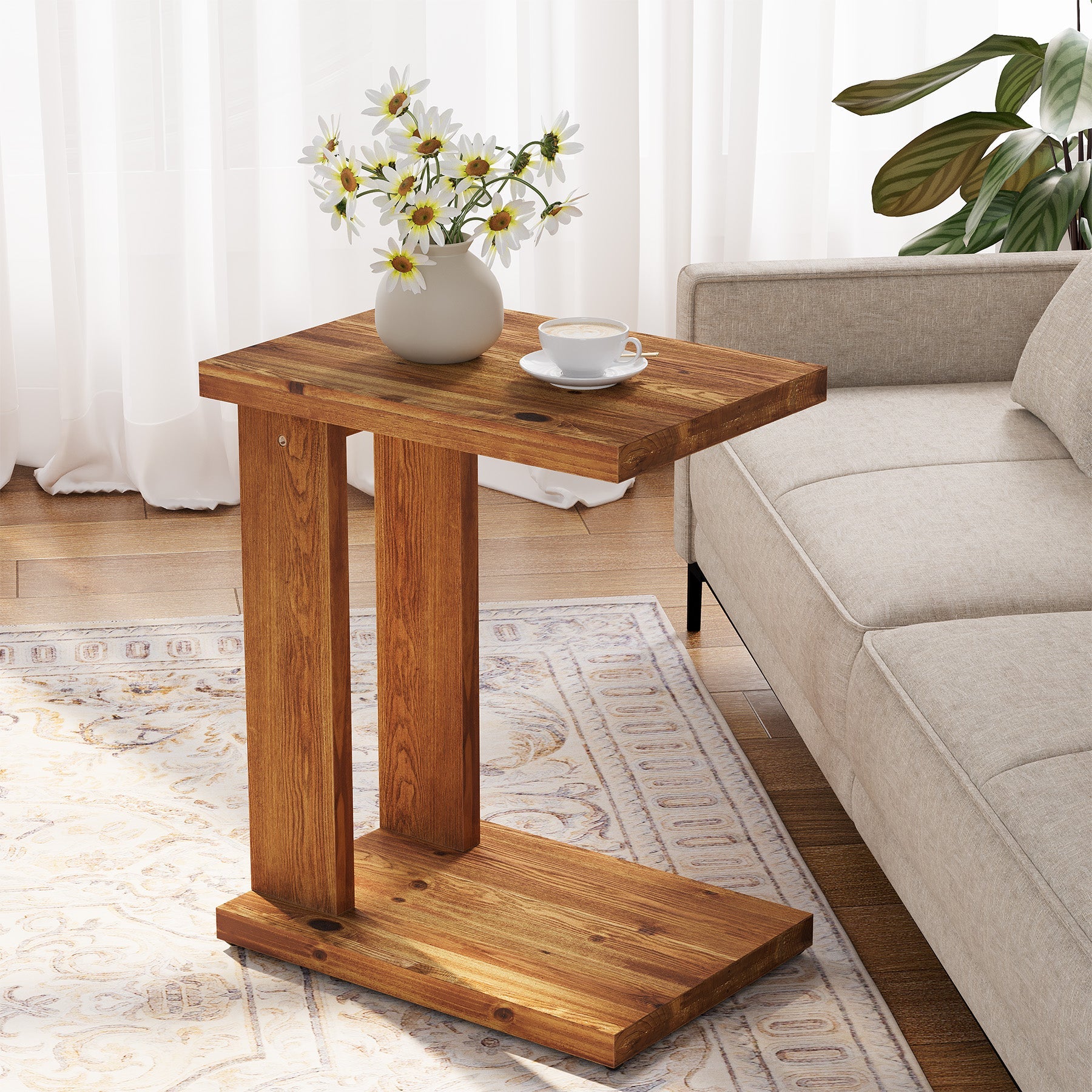 Tribesigns Table d'appoint en bois massif en forme de C, 50 x 35 x 60 cm avec 2 niveaux, Idéale pour le salon, la chambre et les petits espaces