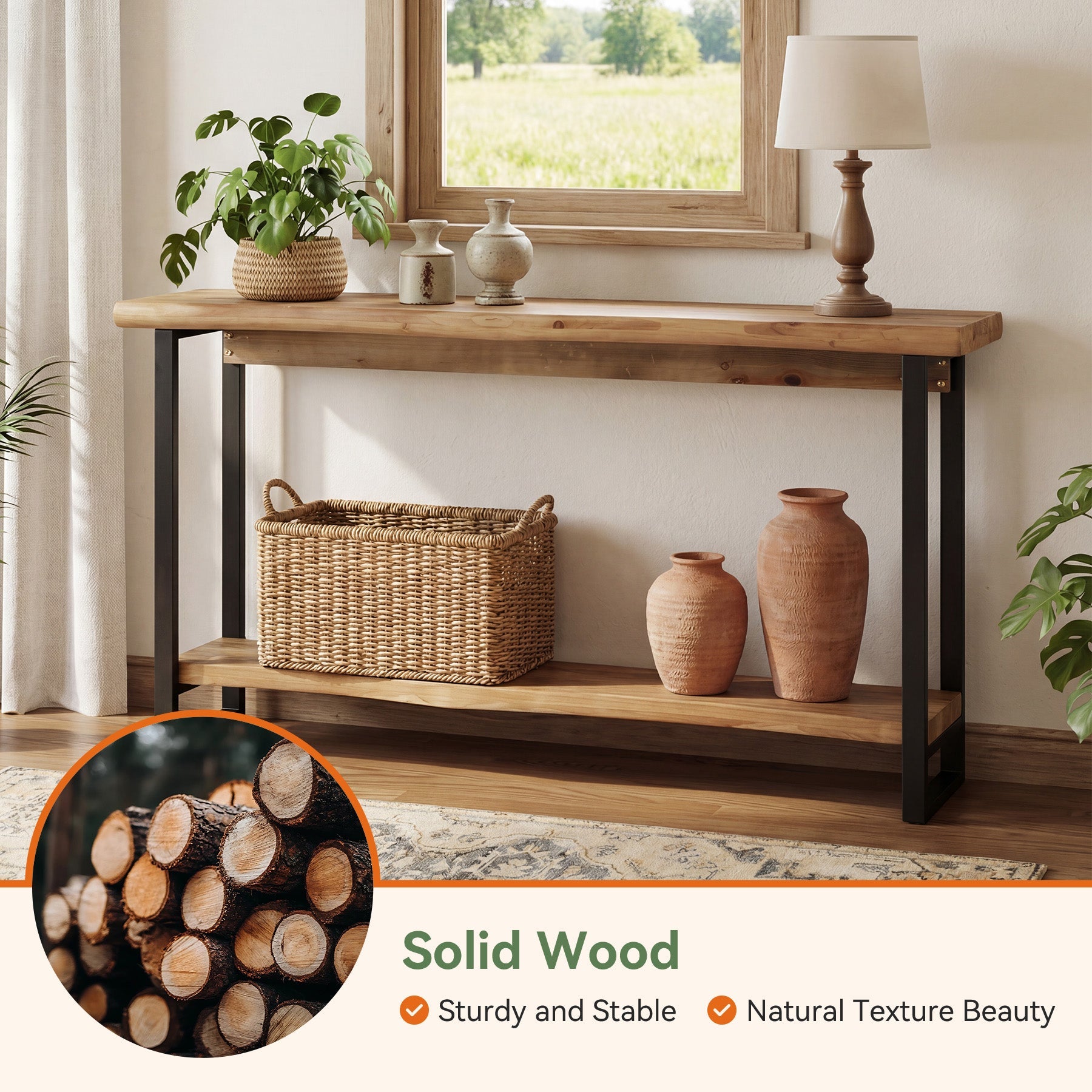 Tribesigns Console en bois massif de 160 cm avec bord naturel, Table basse à deux niveaux