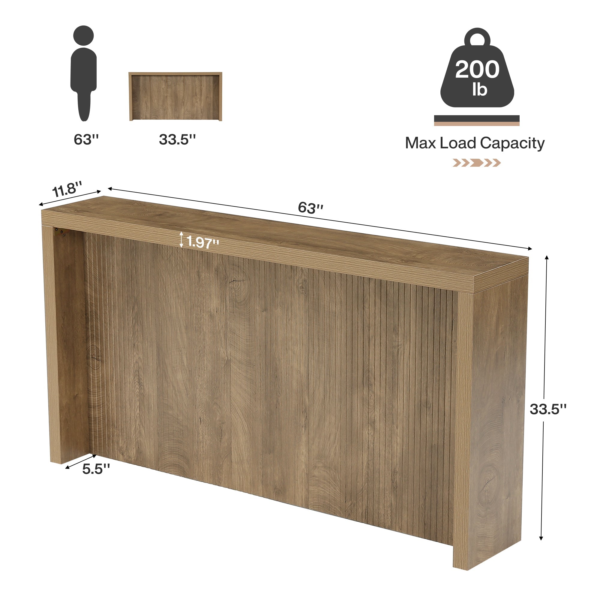 Console rustique de 160 cm, Table d'entrée en bois avec motif côtelé pour couloir
