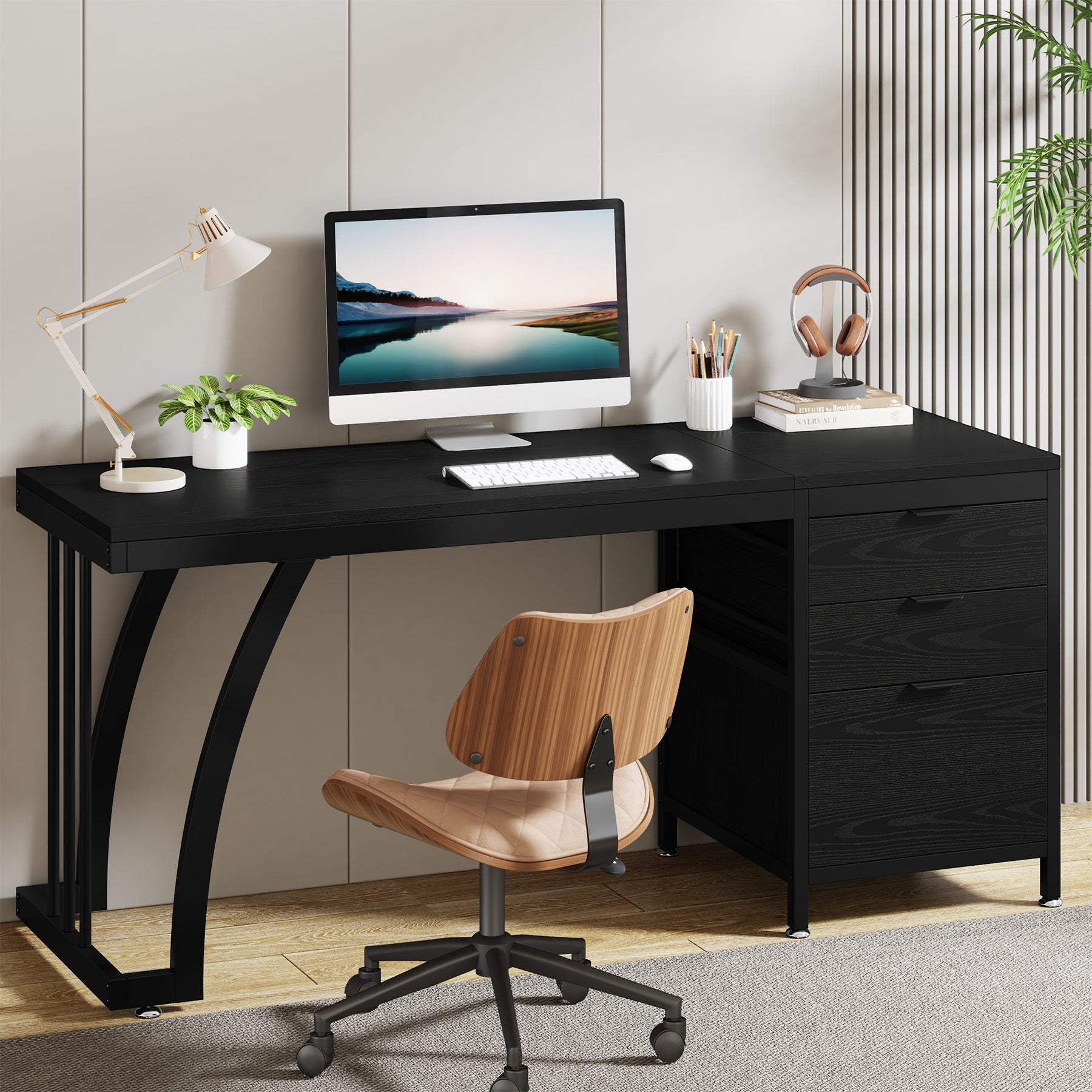 Tribesigns Bureau informatique industriel, Bureau 150 cm avec armoire à tiroirs réversible