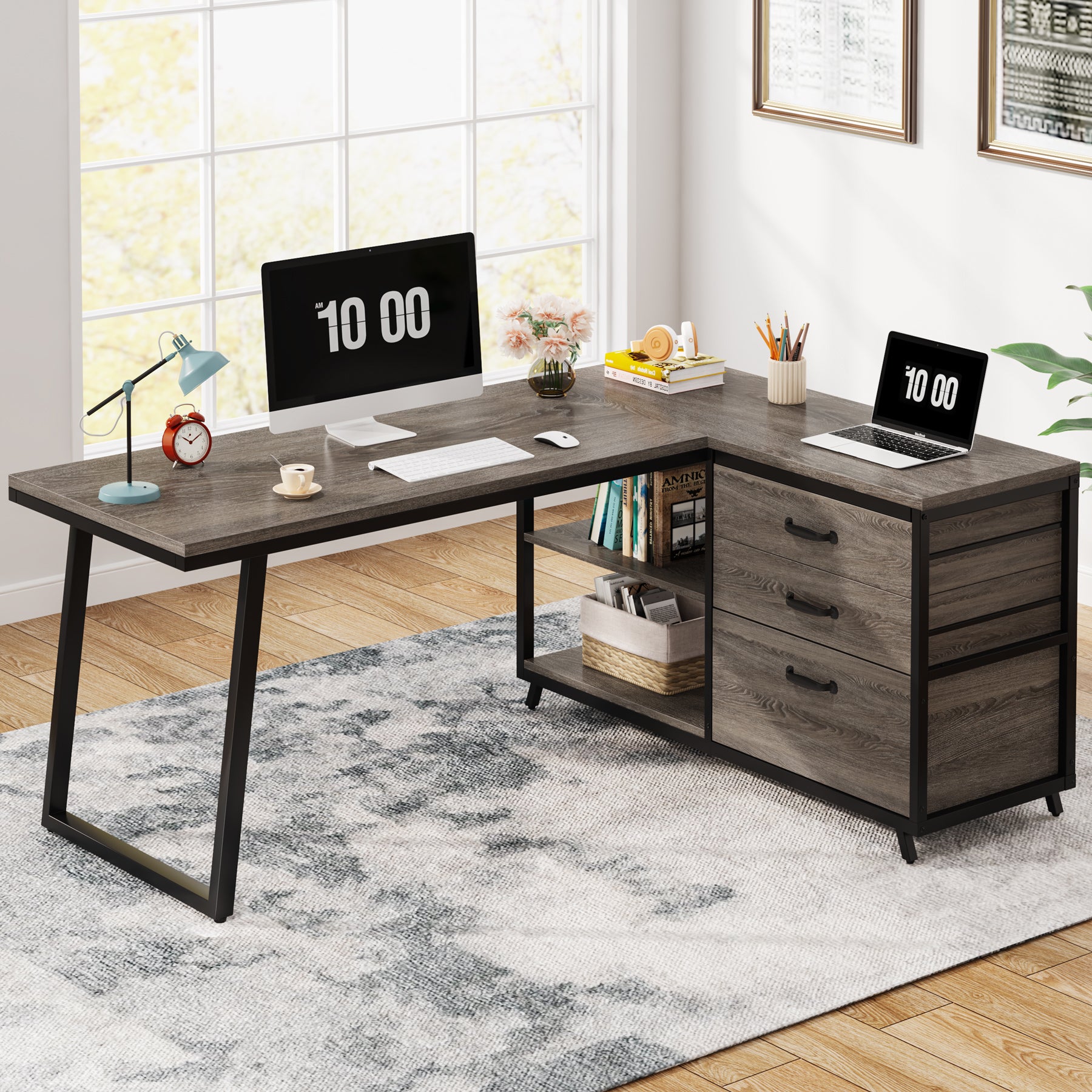 Tribesigns Bureau d'ordinateur en forme de L avec 3 tiroirs, Bureau d'angle réversible avec étagères