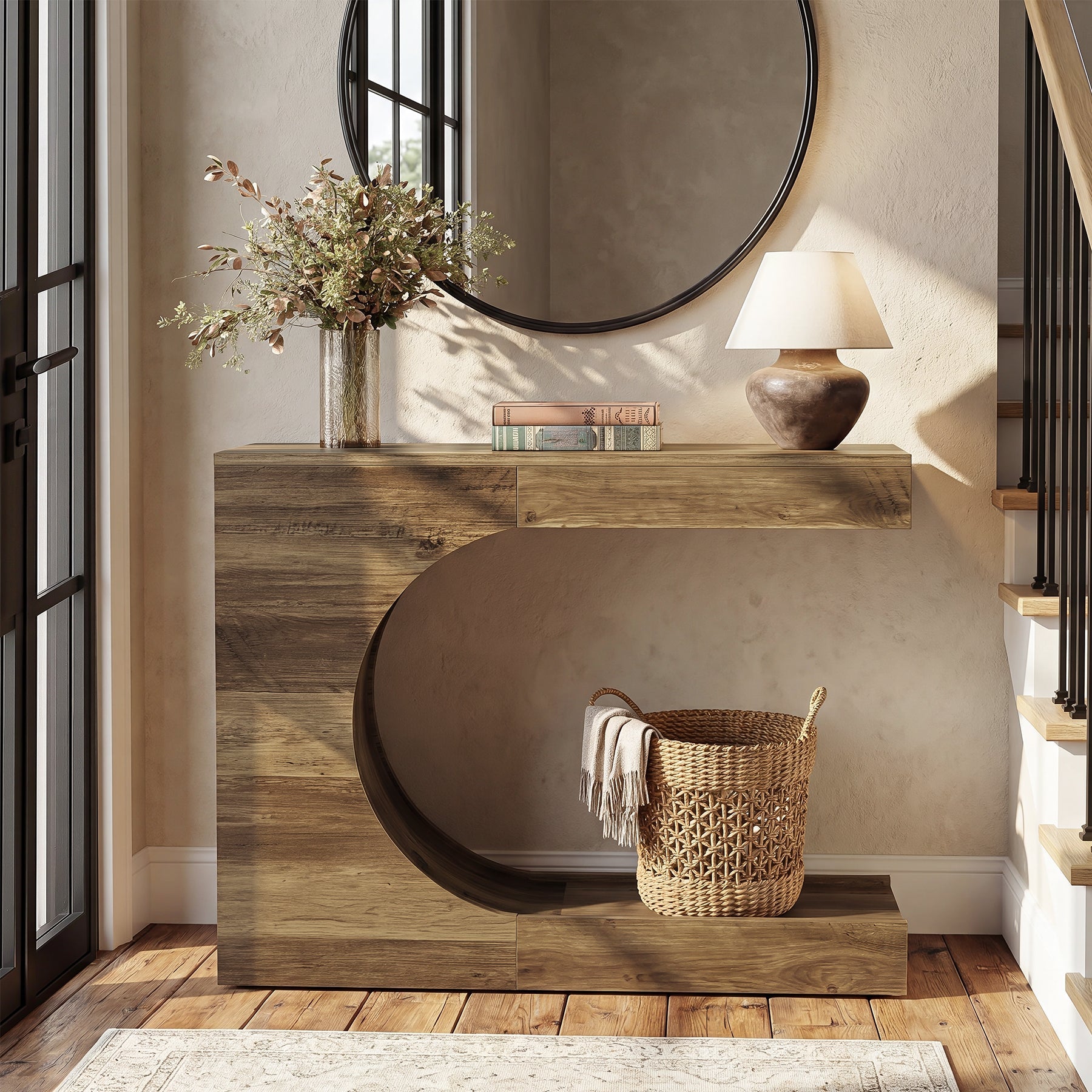 Tribesigns Console 100 cm, Table d'entrée en forme de C avec 2 étagères, style campagne moderne