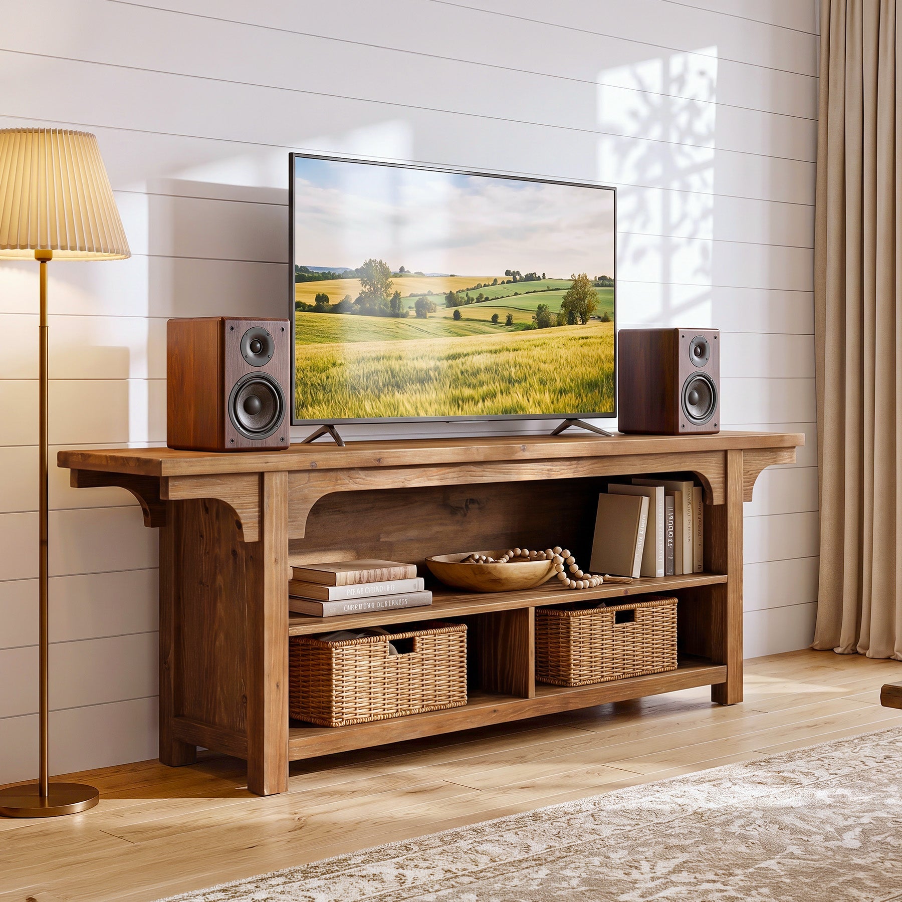 Tribesigns Meuble TV bas en bois massif de 160 cm pour téléviseurs de 55 à 70 pouces avec 3 compartiments ouverts