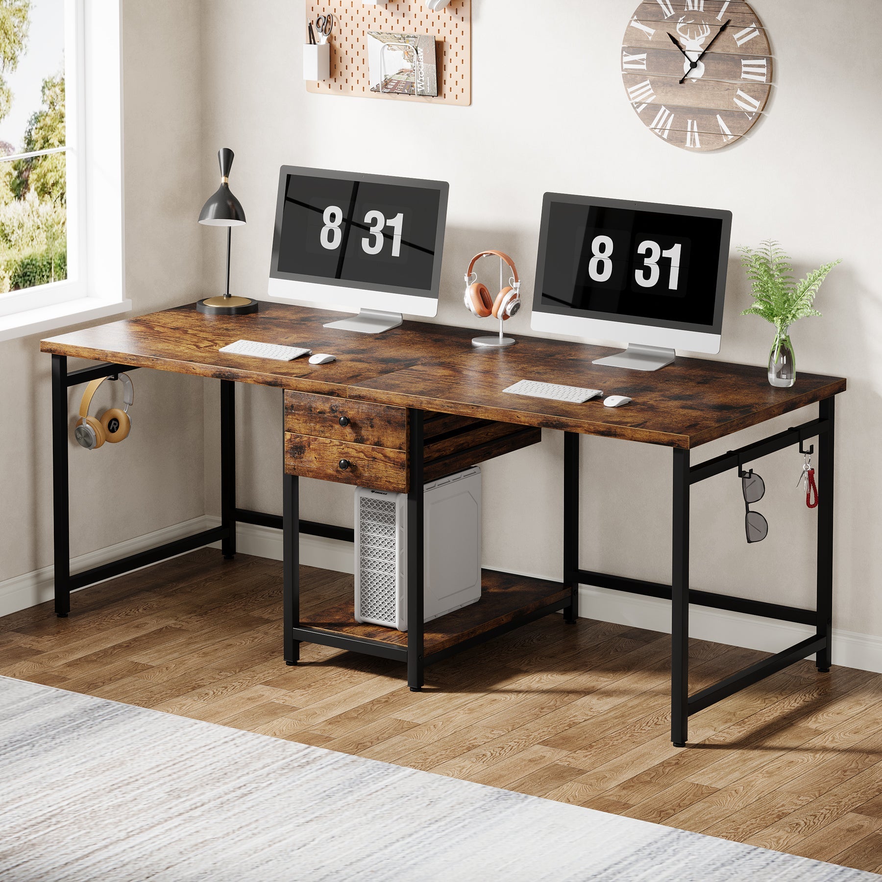 Tribesigns Bureau double de 200 cm avec 2 tiroirs et étagères, Bureau de travail industriel pour bureau et étude
