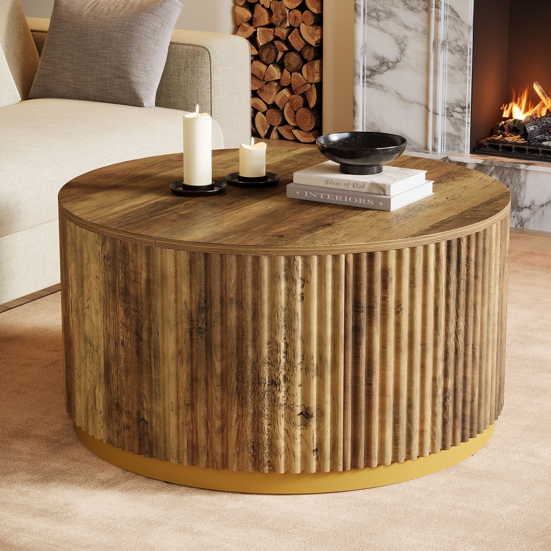 Tribesigns Table basse ronde de 80 cm de diamètre design côtelé, Table de salon avec piètement cylindrique stable