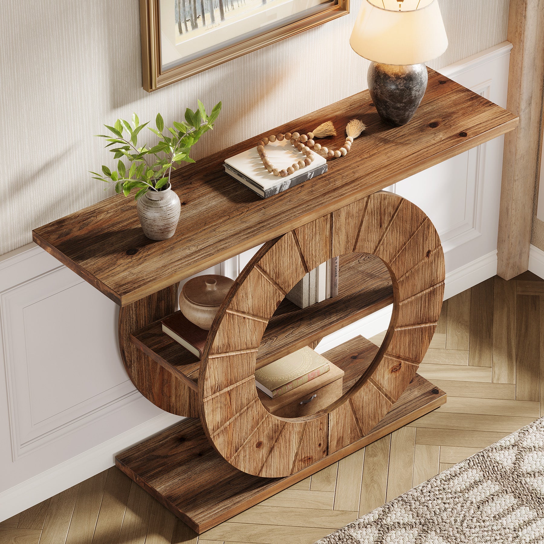 Tribesigns Console en bois massif de 105 cm avec 3 étagères, Console étroite de style champêtre