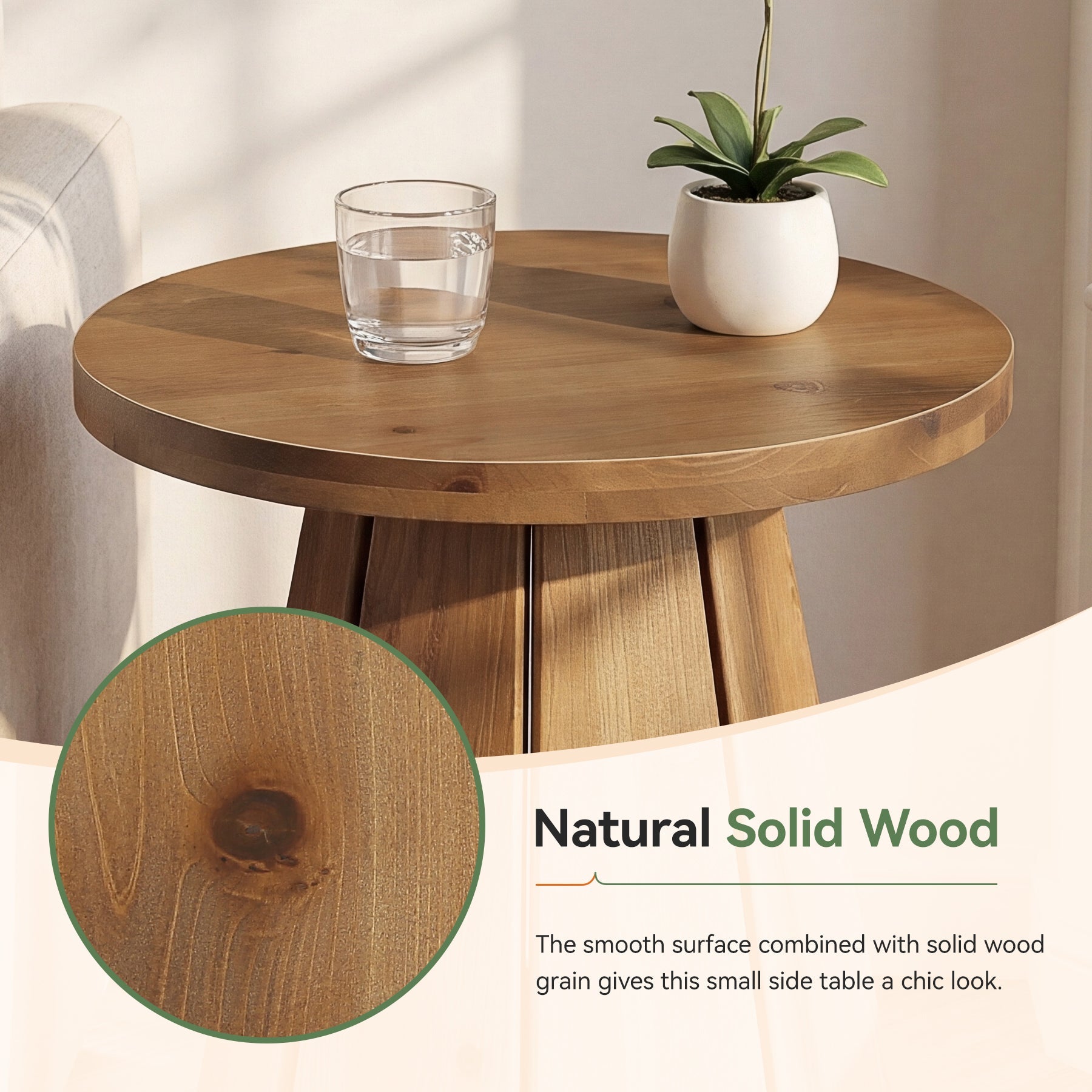 Tribesigns Table d'appoint ronde en bois massif 50 cm, Style champêtre avec piètement sculptural