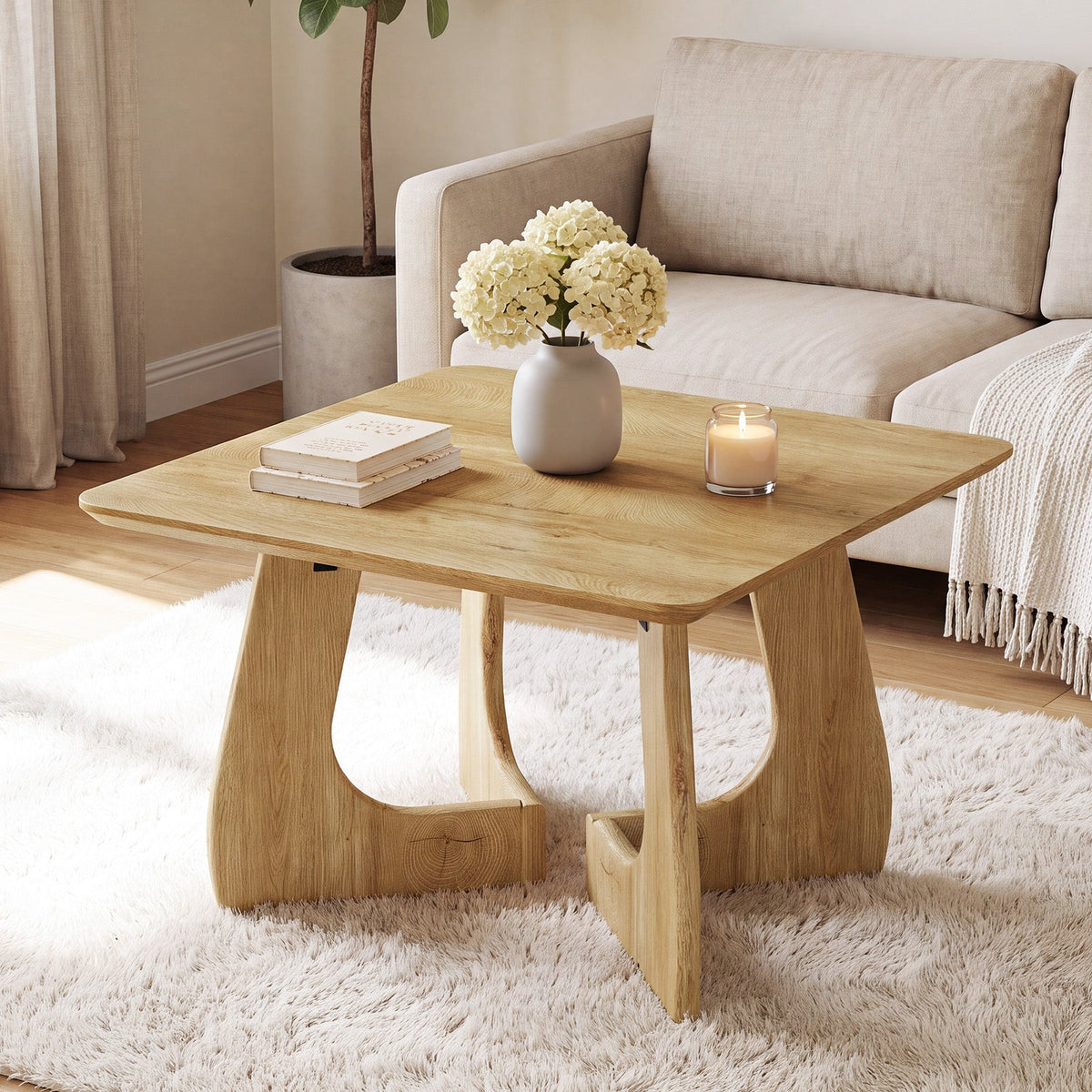 Tribesigns Table basse carrée 80 cm, Table de salon moderne avec piètement sculptural en bois