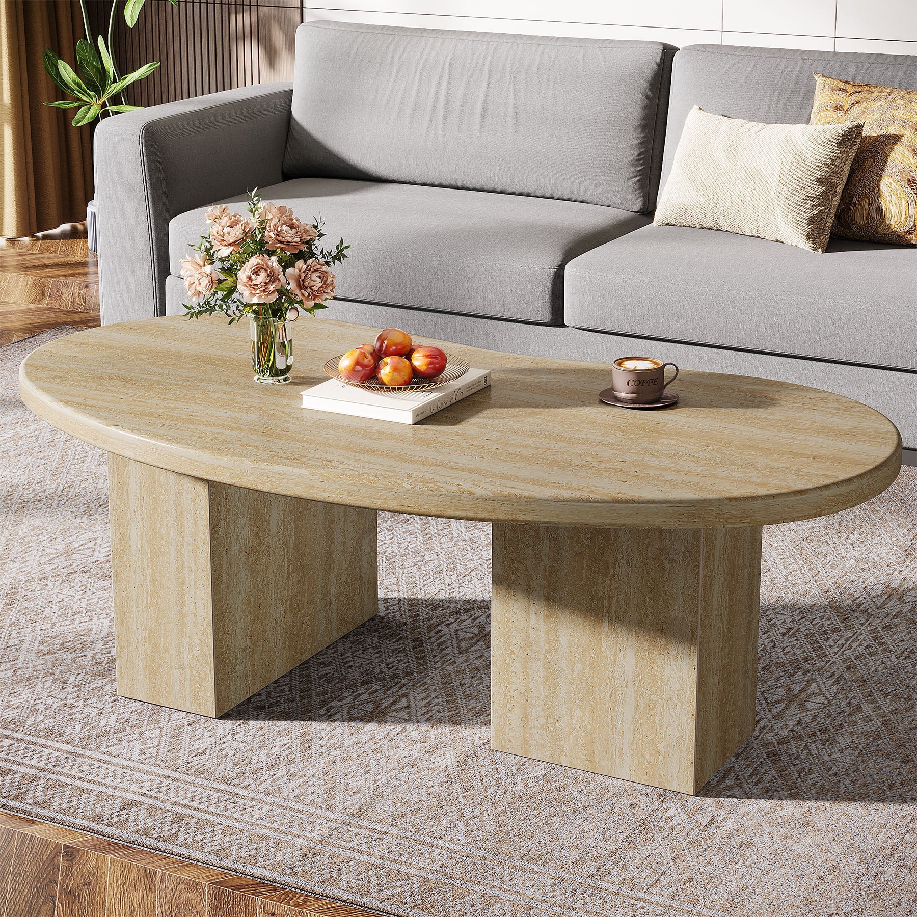 Tribesigns Table basse 115 cm, Table de cocktail ovale avec piédestal asymétrique