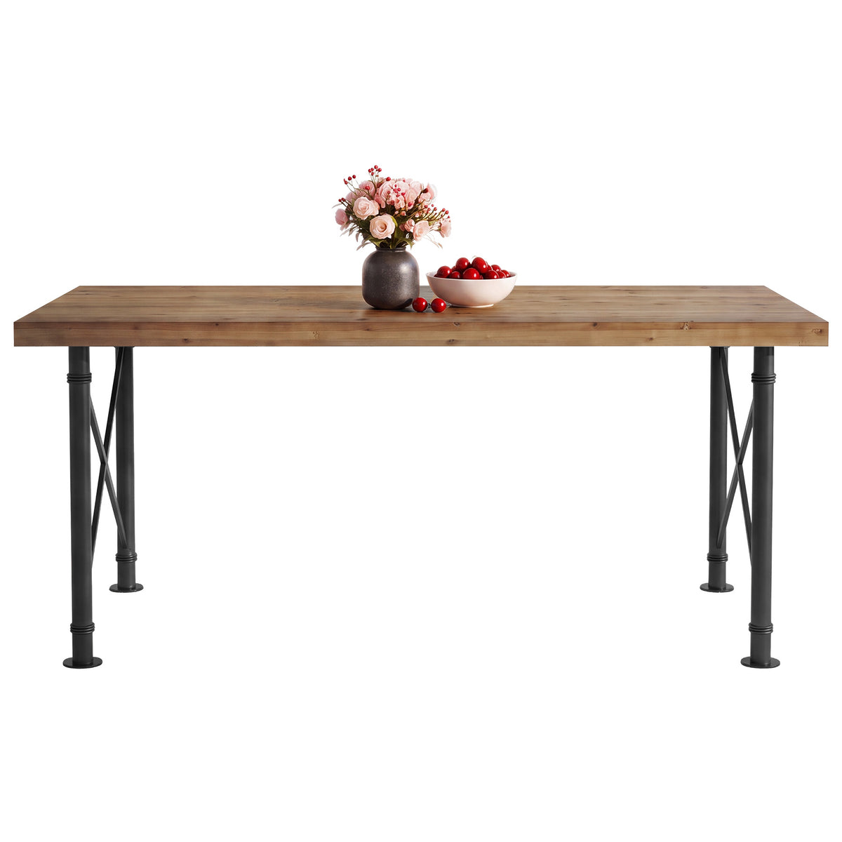 Table de salle à manger en bois massif 160 cm avec pieds en métal, brun rustique