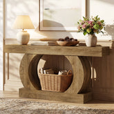 Console rustique 150 x 30 x 85 cm avec base ronde ouverte, Table d'entrée étroite à 2 niveaux pour couloir et salon 3