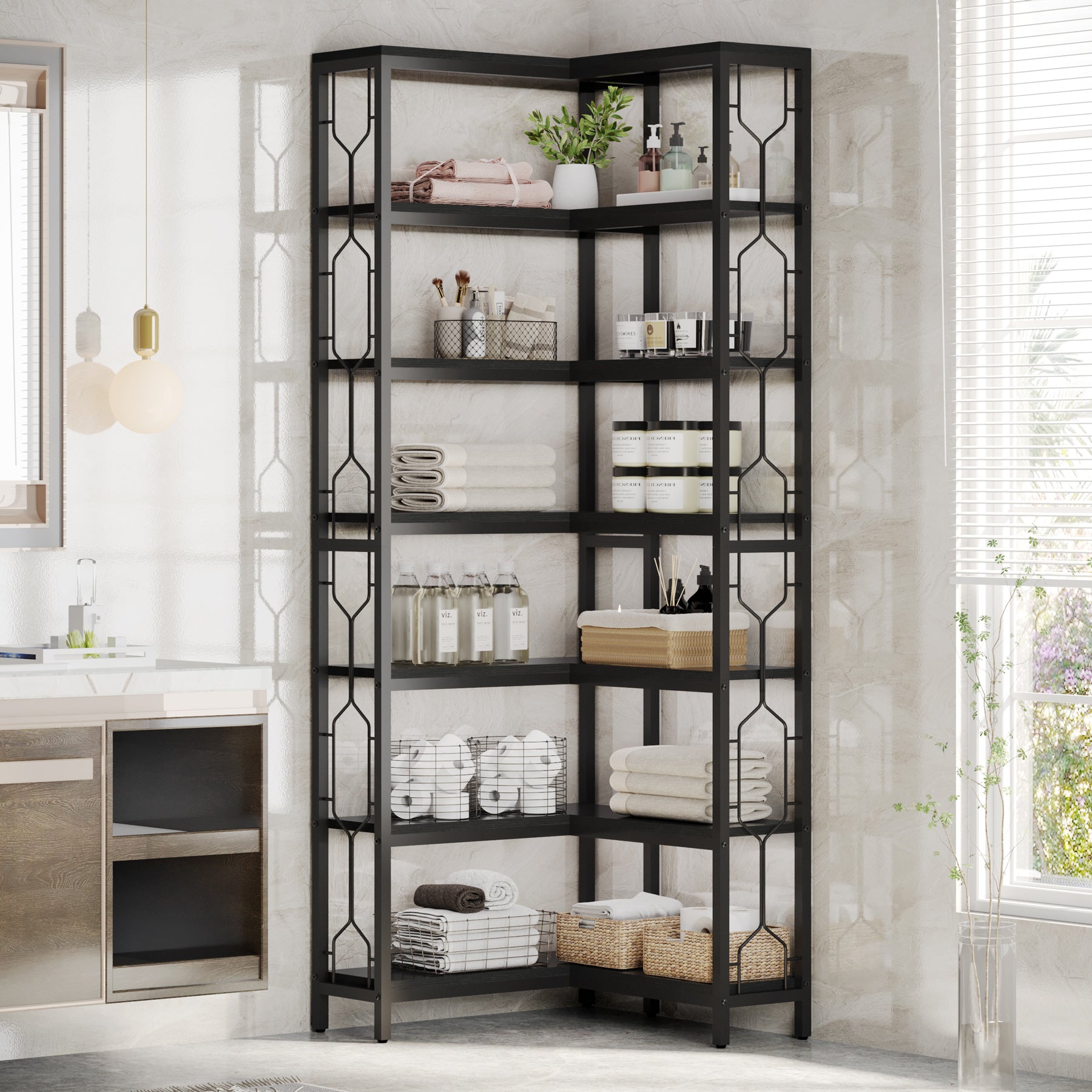 Tribesigns Étagère d'angle en bois et métal, Bibliothèque industrielle à 7 niveaux