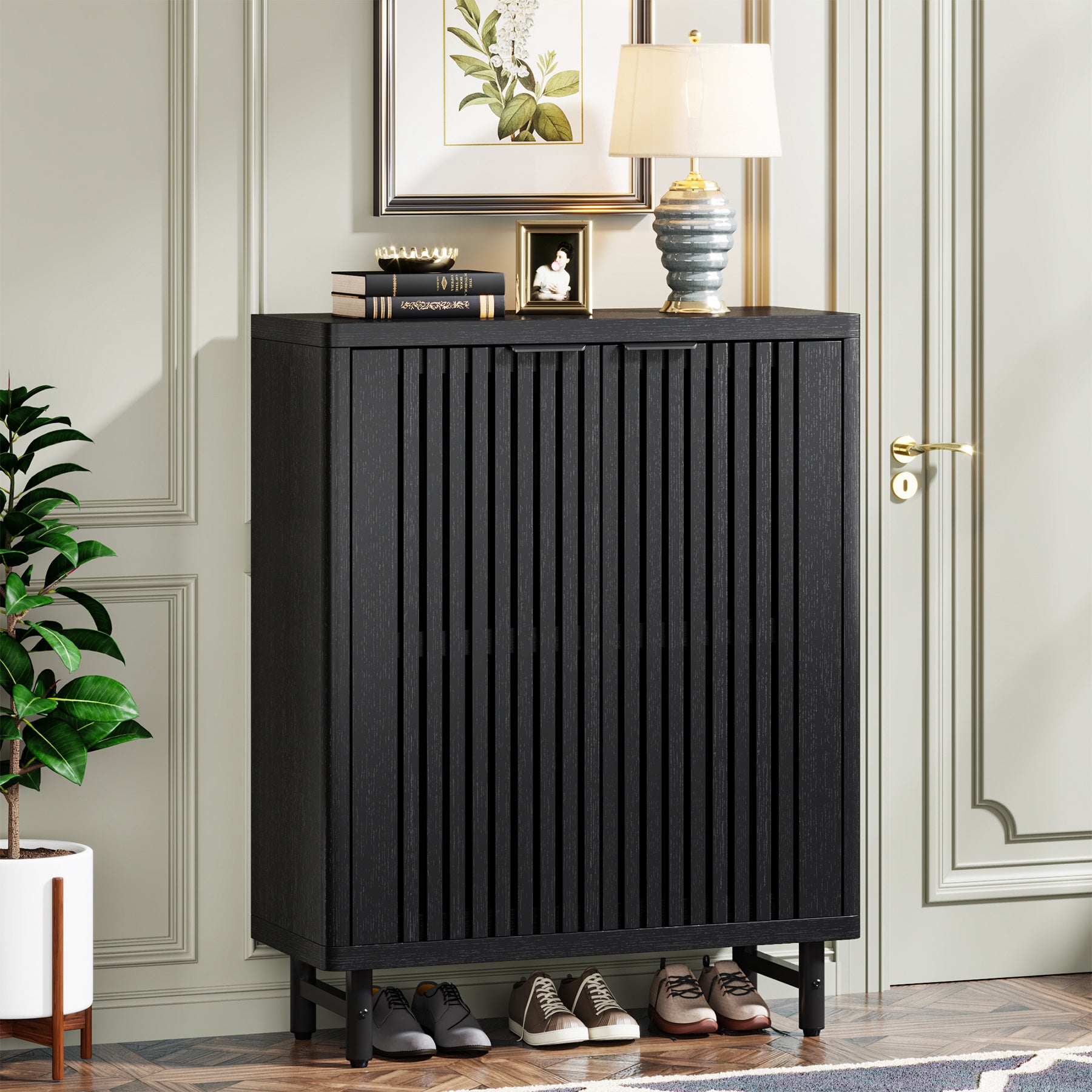 Tribesigns Armoire à Chaussures à 6 Niveaux avec Portes à persiennes, Grande Armoire de Rangement à Chaussures en Bois avec étagères réglables