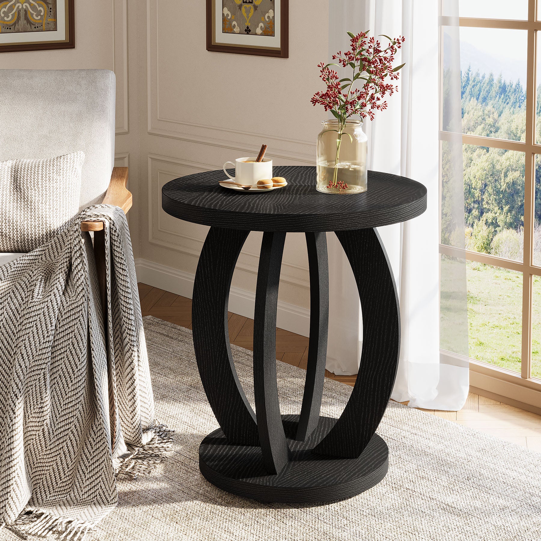 Tribesigns Table d'appoint de style campagnard de 50 cm avec plateau rond et rangement Brun rustique