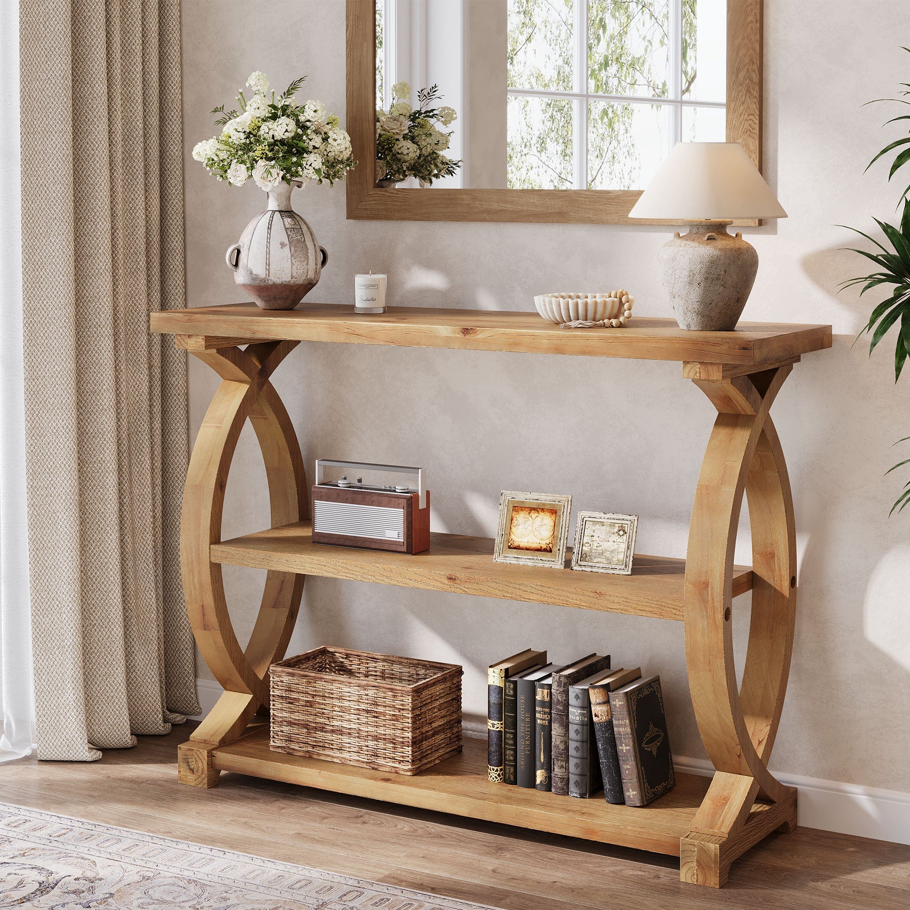 Tribesigns Console en bois massif de 105 cm, Table d'appoint étroite avec 3 étagères et un design en forme de queue de poisson sur les côtés