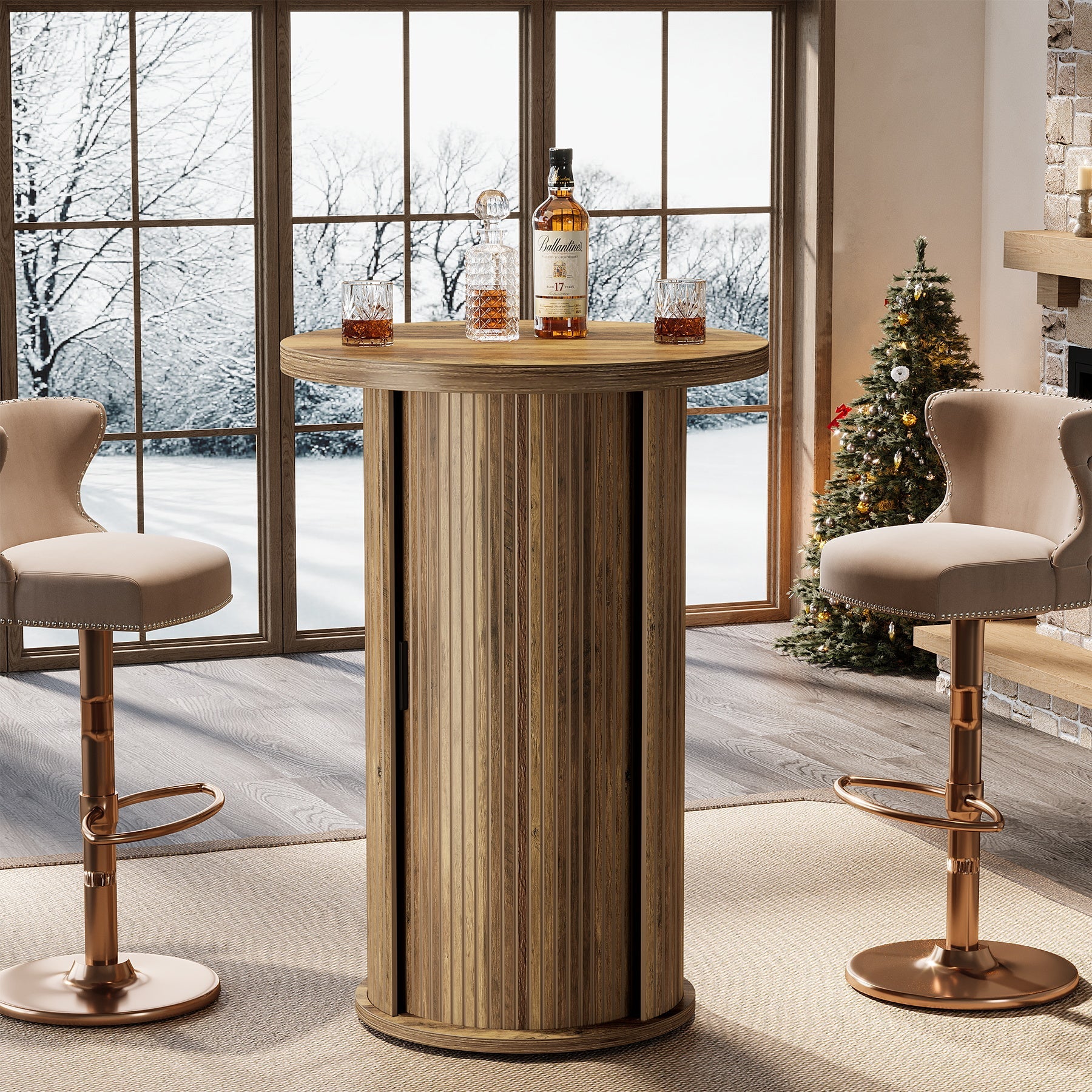 Tribesigns Table de bar ronde de 90 cm de haut avec 3 compartiments de rangement et porte coulissante