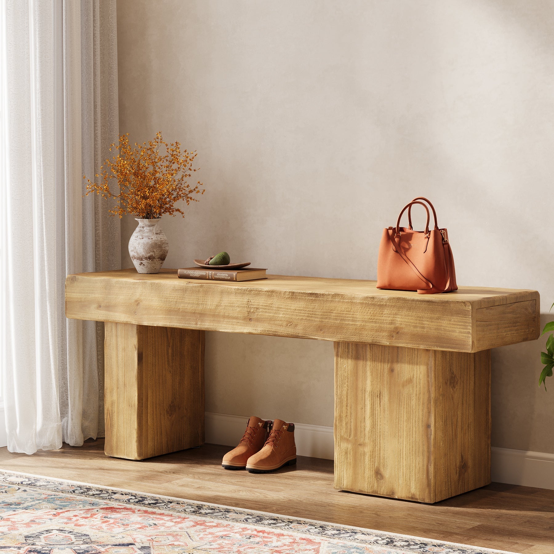 Banc d'entrée en bois massif de 119 cm, Style rustique avec assise épaisse