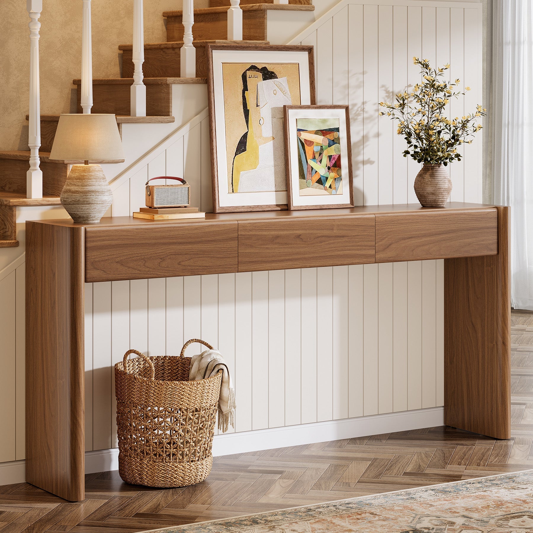 Tribesigns Console de 180 cm avec 3 tiroirs, Table d'entrée étroite marron vintage Table basse en bois avec étagère
