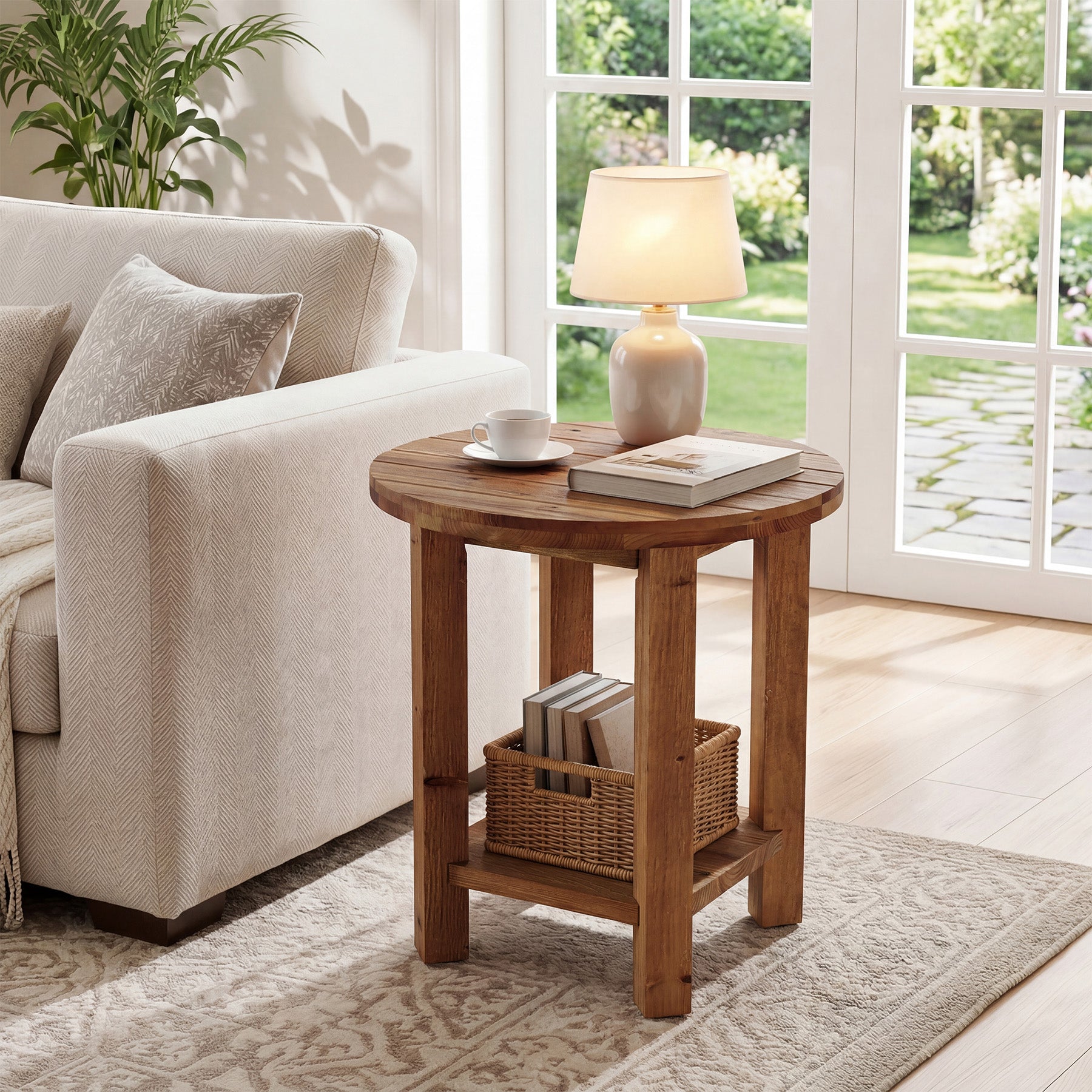 Table de chevet ronde de 50 cm, Table à 2 niveaux pour chambre à coucher