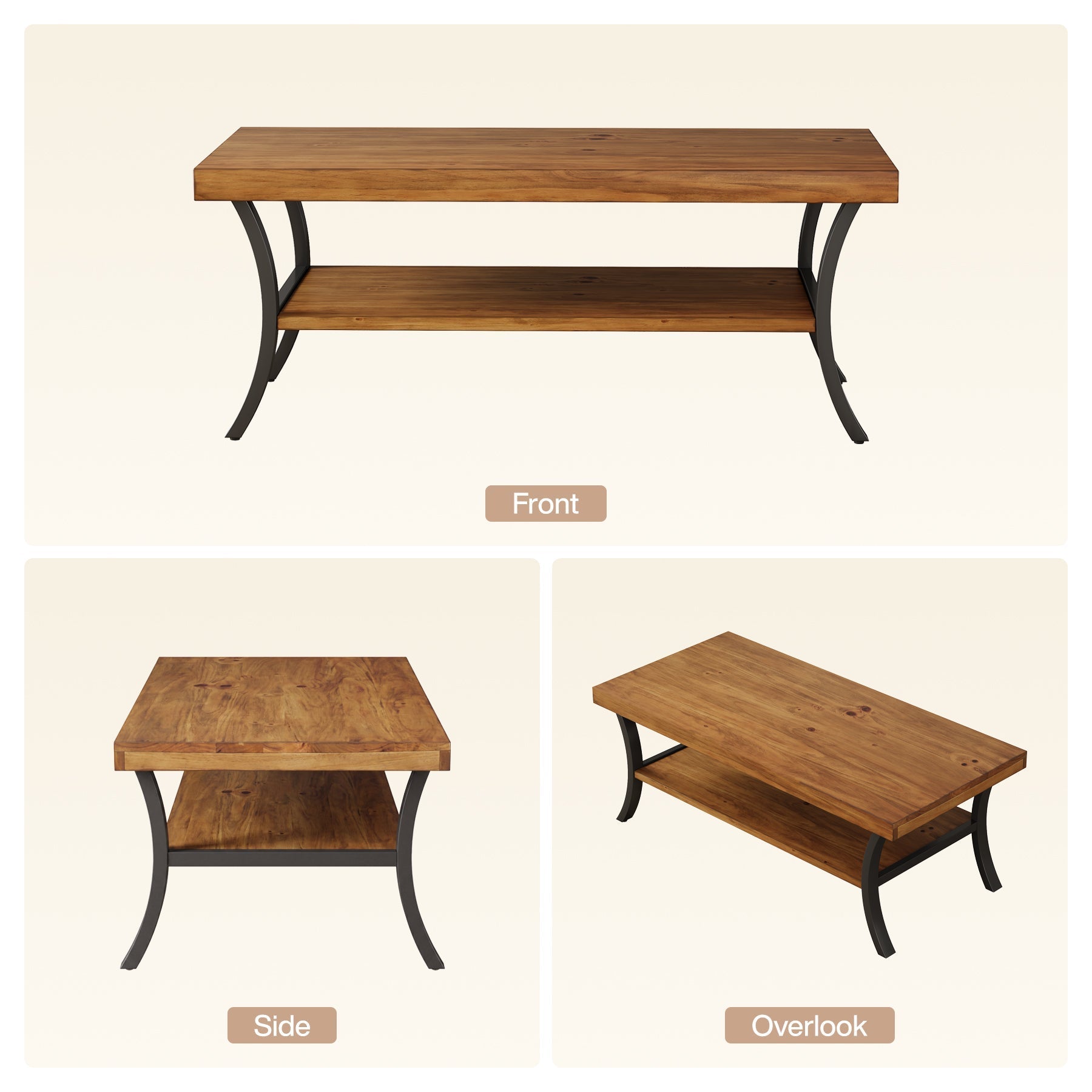 Tribesigns Massief Houten Salontafel 120 cm met Plank, 2-Laagse Woonkamertafel met Gebogen Metalen Poten