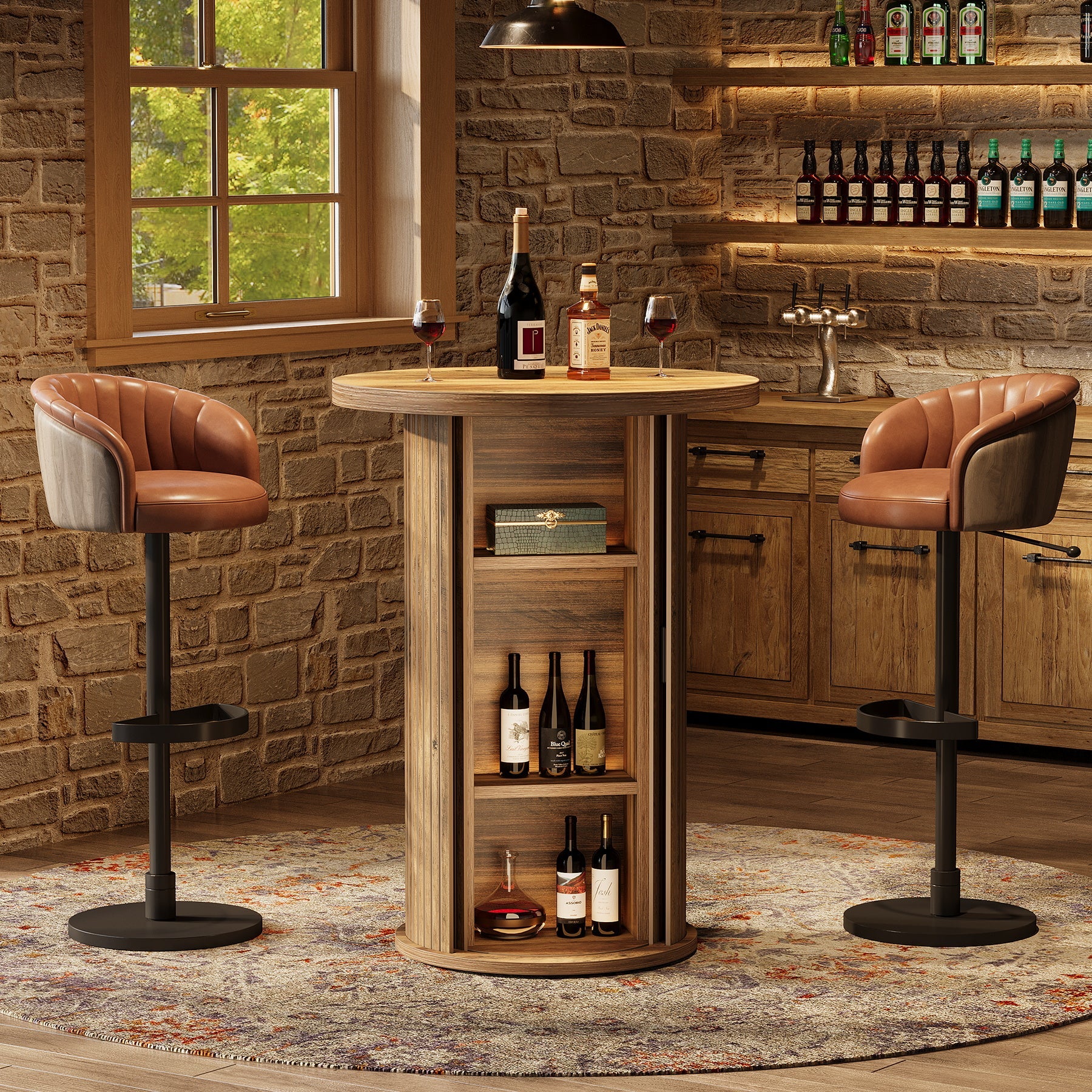 Tribesigns Table de bar ronde de 90 cm de haut avec 3 compartiments de rangement et porte coulissante